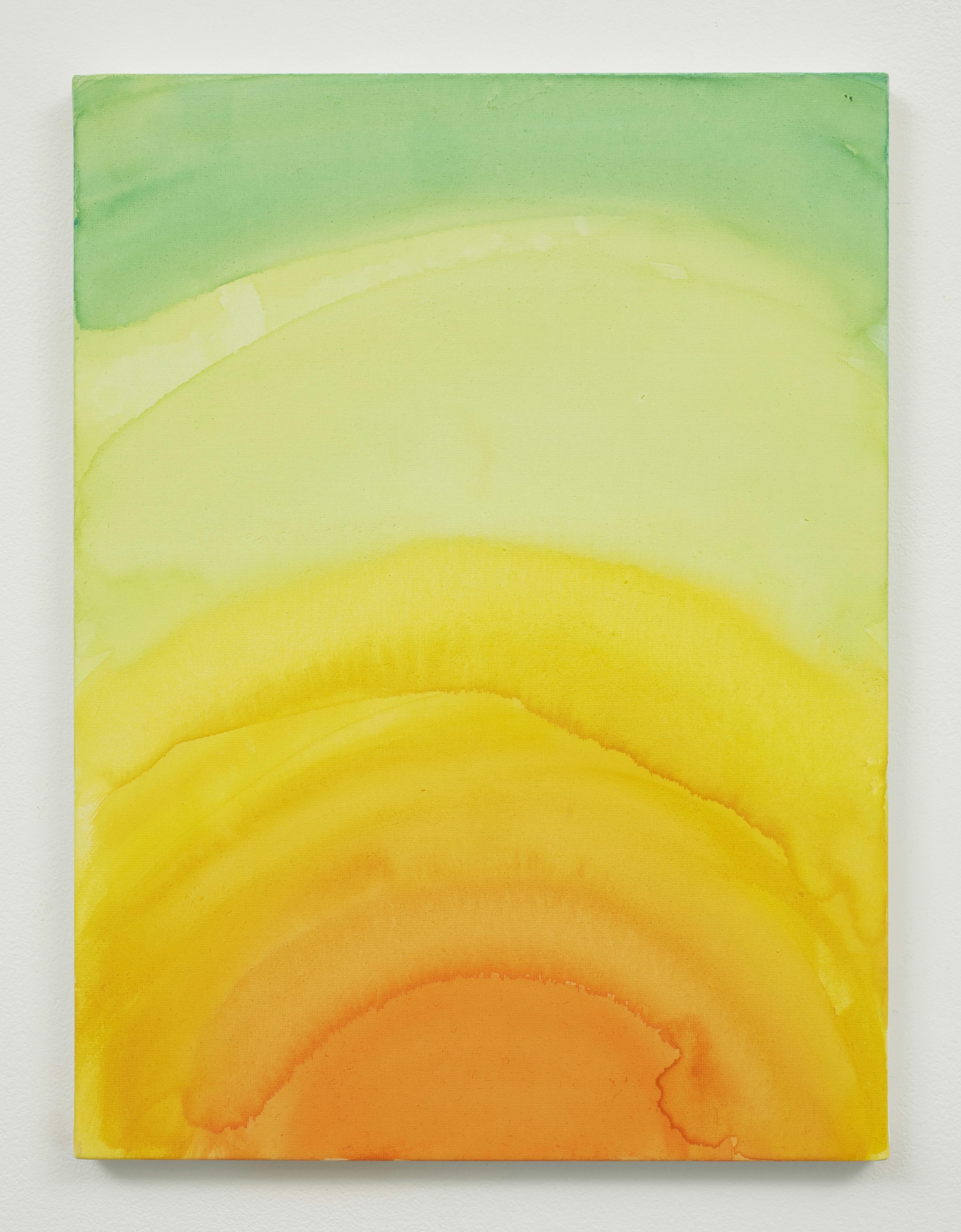 An abstract painting of orange, yellow and shades of green reminiscent of a sunrise.