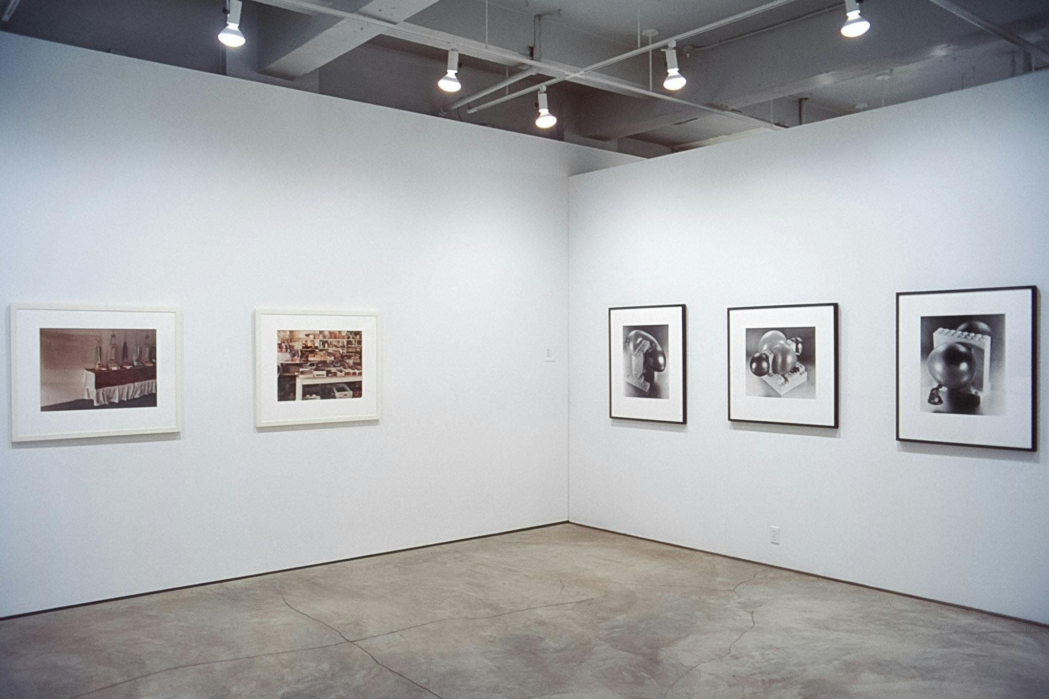 Five photo pieces are installed on the gallery walls. Three black and white photographs on the right depict silver organic shapes and white blocks. Two on the left are photos taken inside buildings. 