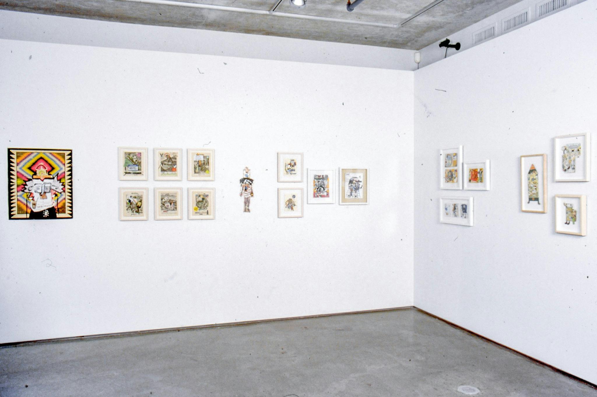 An installation image of a group show titled Bit by Bit. Approximately twenty of two-dimensional works, mostly drawings and collage pieces, are mounted on the gallery walls.