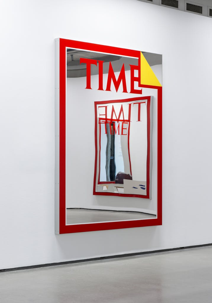 Large-scale mirror works are installed on a gallery wall. Visible through one mirror are two others on opposite walls. All bear the logo and red border of TIME, the weekly news magazine.
