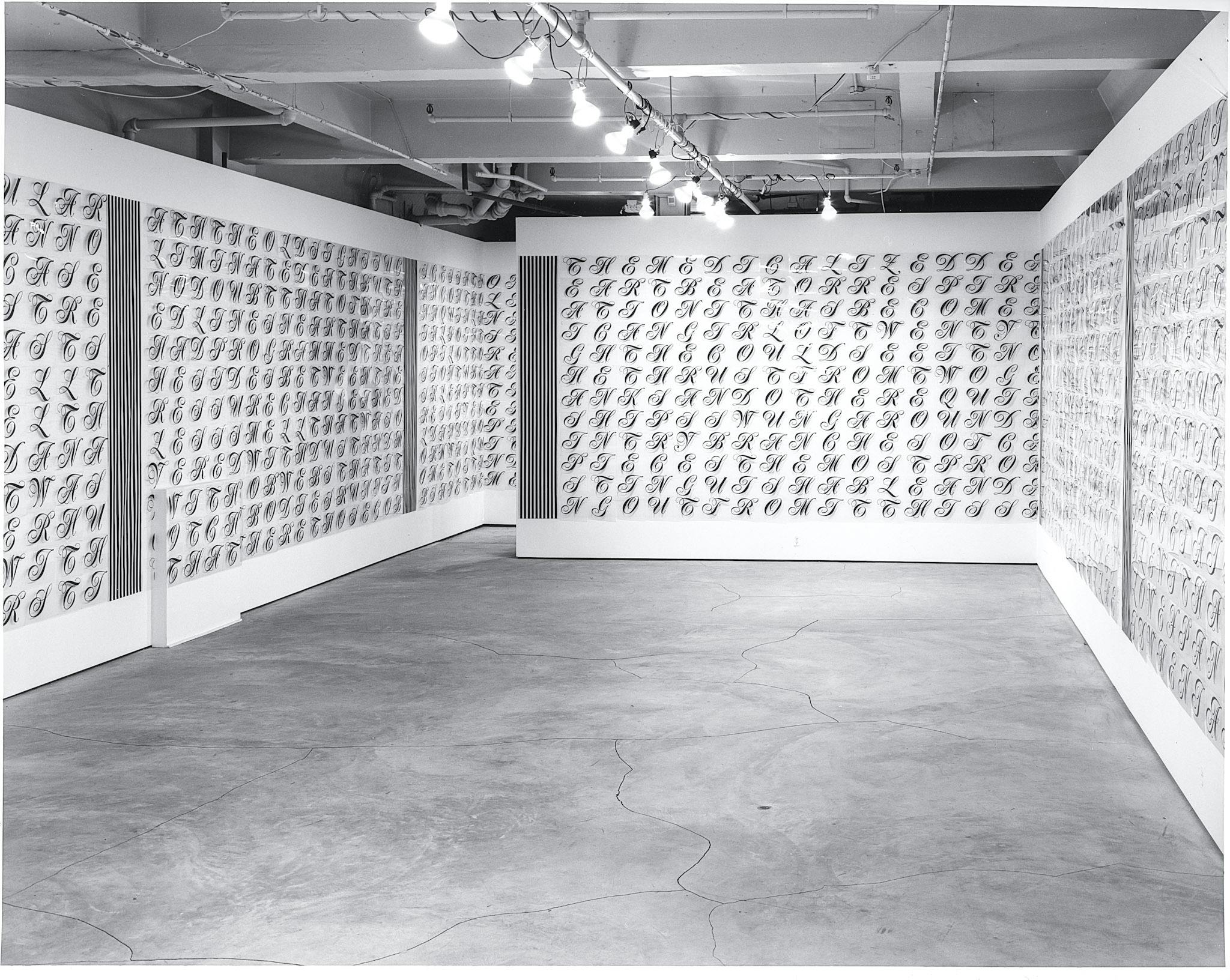 A gallery space, its walls nearly covered in cursive letters. The letters are printed on glossy clear plastic and arranged in clusters which are separated by long black lines, also printed on plastic. 