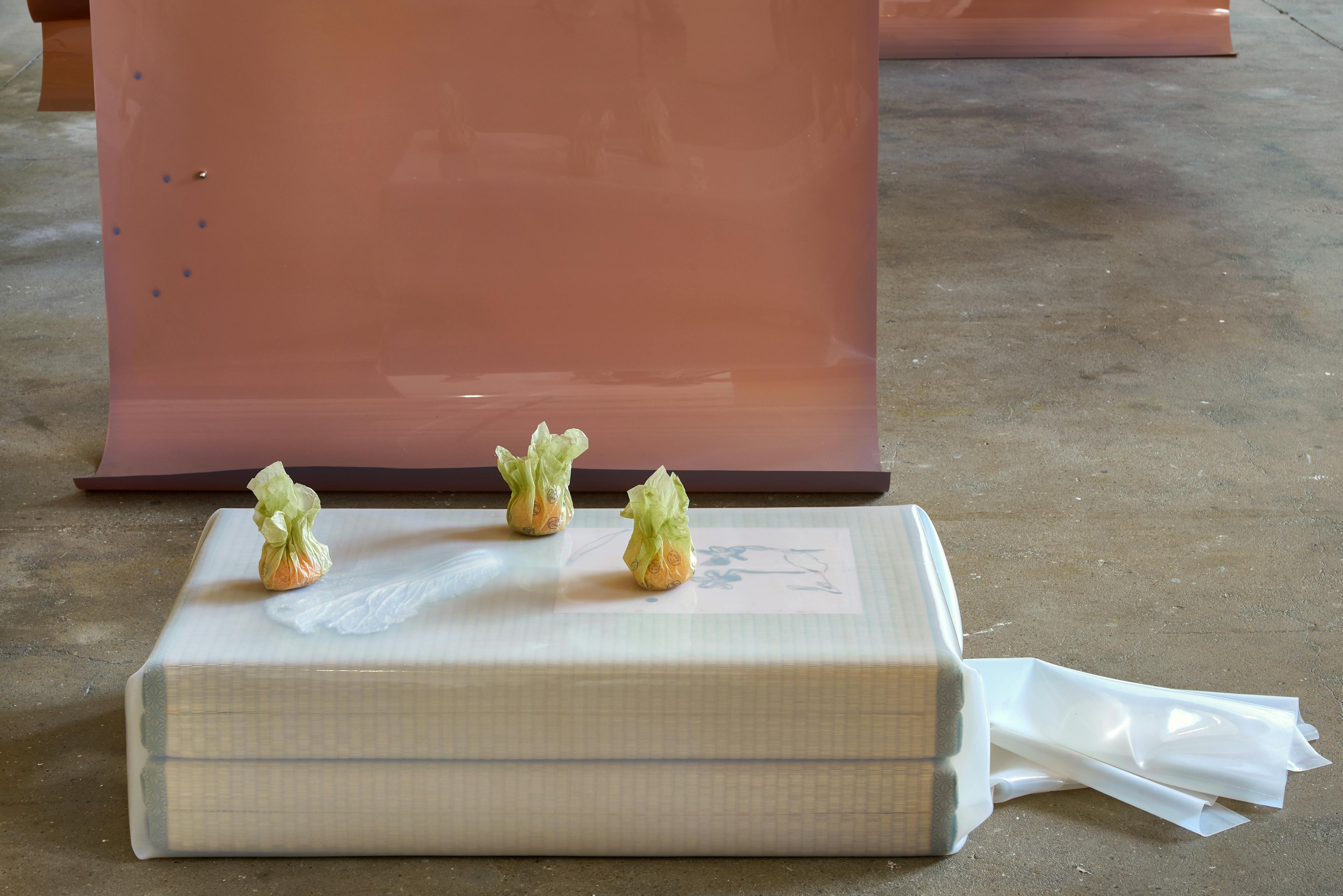 Three fruit wrapped in green tissue sit on folded tatami mats wrapped in translucent plastic, on a concrete floor in front of suspended film sheets that curl as they touch the ground.