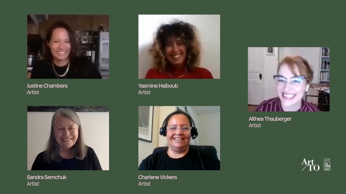 A still of a video recording of an online discussion. Althea Thauberger, Justine A. Chambers, Yasmine Haiboub, Sandra Semchuk, and Charlene Vickers are smiling and talking from their own spaces. 
