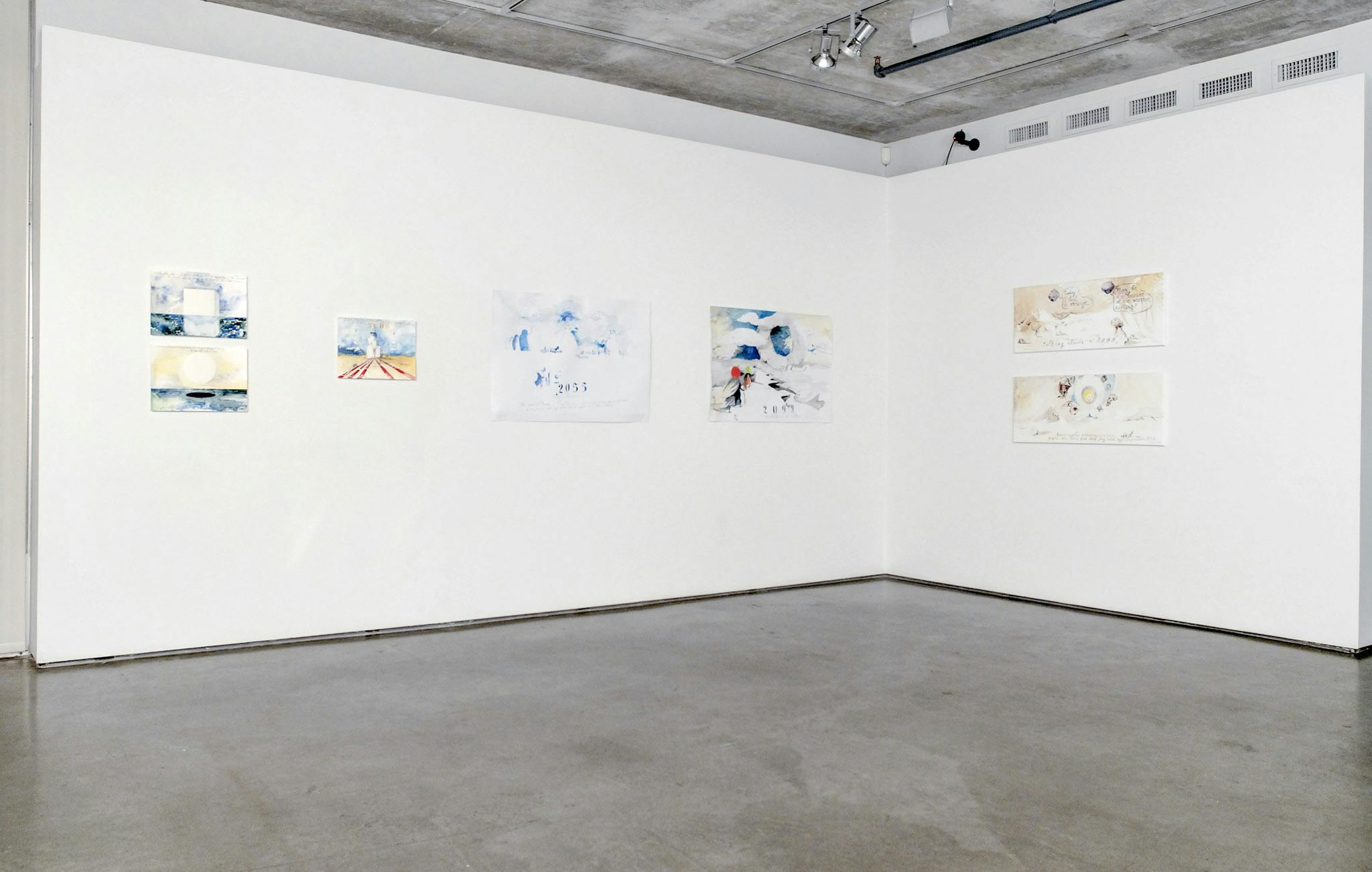 Six unframed coloured drawings are mounted on the gallery walls. They depict abstract images resembling various seascapes. Various red, blue, and sand colours are used in those drawings.