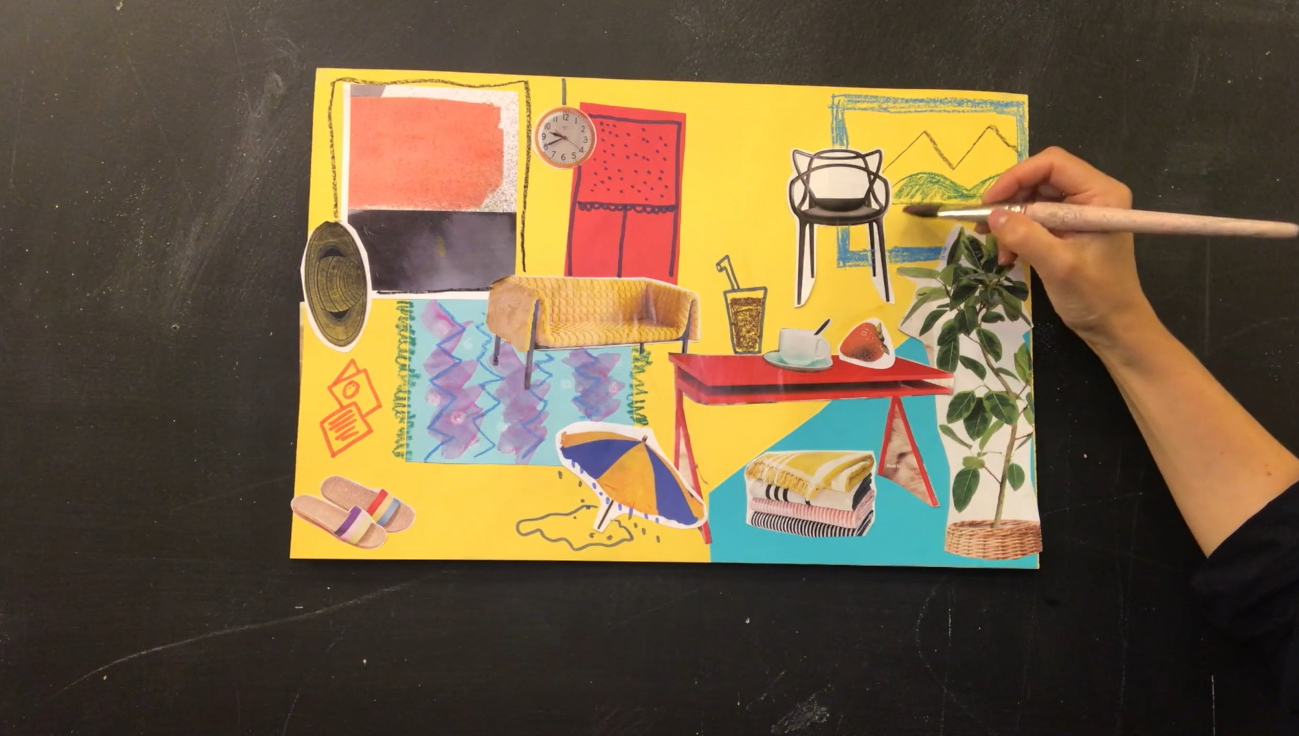A still image of a hand painting a sheet of paper. It depicts the interior of someone's room. The room is yellow and it has a coffee table, couch, and rugs. 
