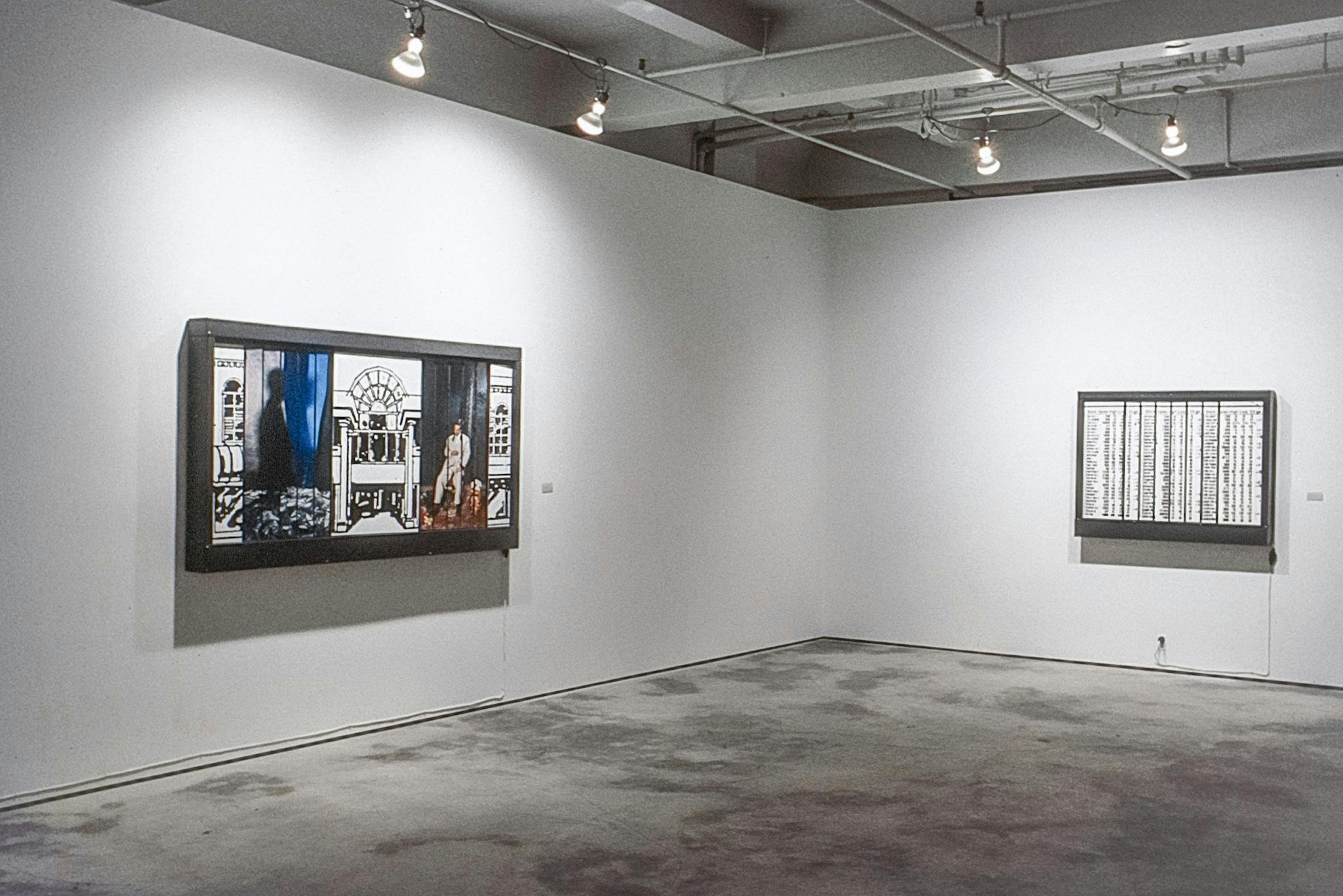 2 works on the walls of a gallery, the works are mounted in thick black frames, resembling billboards. The words show fragmented images including architectural drawings, datasheets, and colour photos.