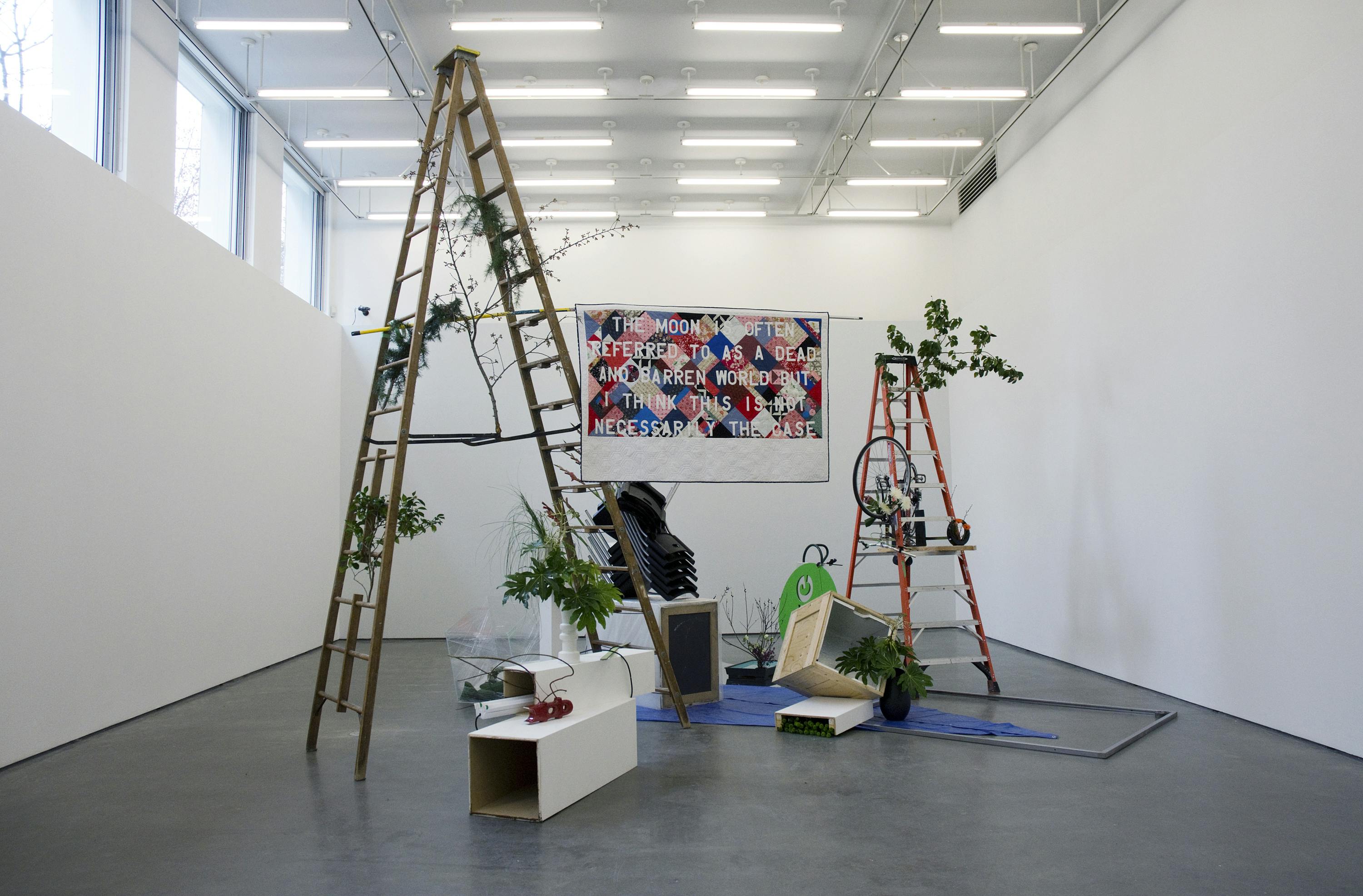 A sculptural installation occupies the center of a gallery space. The installation is made of various objects including ladders, plants, chairs, plinths, a quilted banner and boxes, among others.
