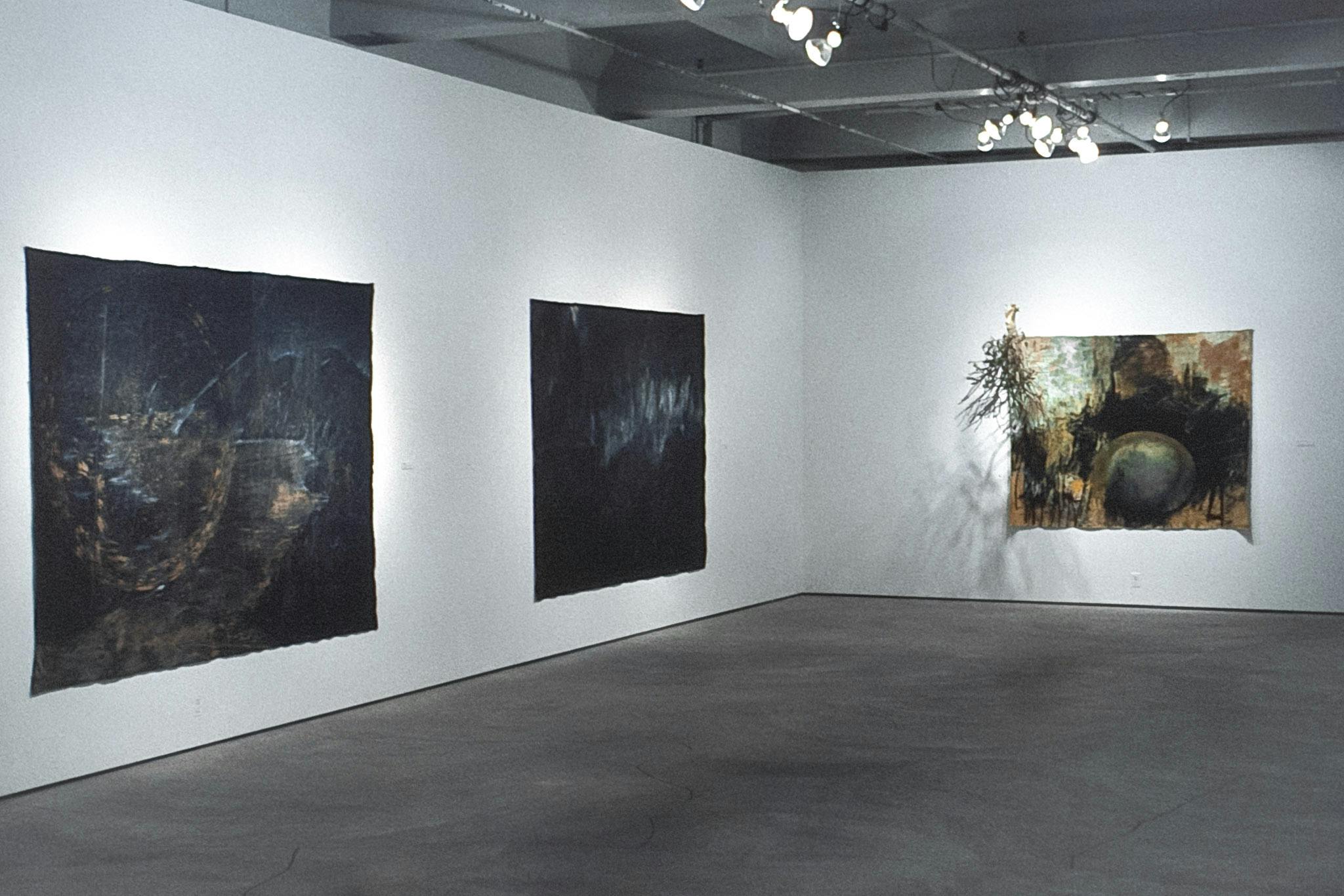 Three large works in the corner of a gallery space. The works are dark paintings on unstretched canvas resembling light leaks on film. One work in the corner also had a large branch attached to it.