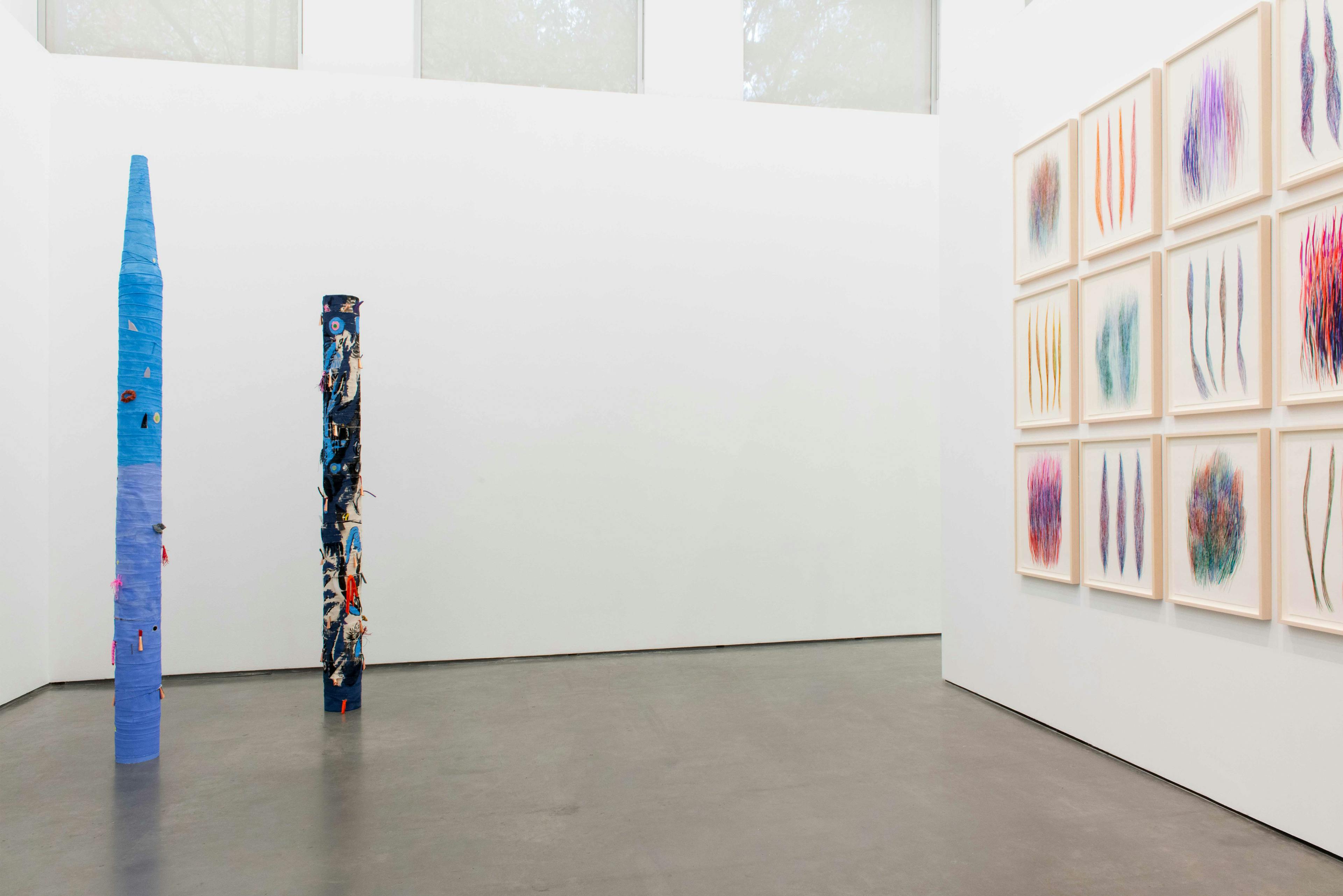This is an installation view of Charlene Vickers’ solo exhibition. Across from the wall on which a series of drawings are mounted are two tall cylindrical sculptures wrapped in painted fabric.