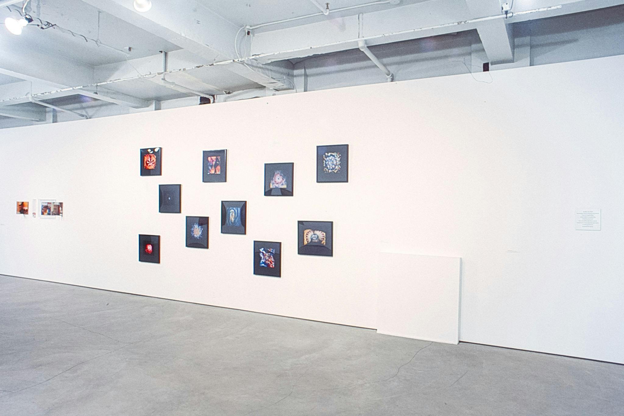 A white wall in a gallery, showing several images in black frames, mounted that resemble views from a kaleidoscope. In the corner, small digital collages are also mounted on the wall.