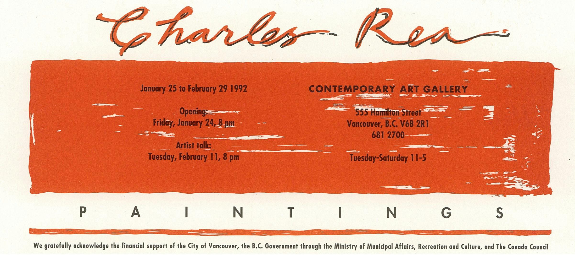 A scanned exhibition invitation with a white background. “Charles Rea” is written in an orange cursive font. Beneath it is an orange rectangle with black text detailing information about events. 