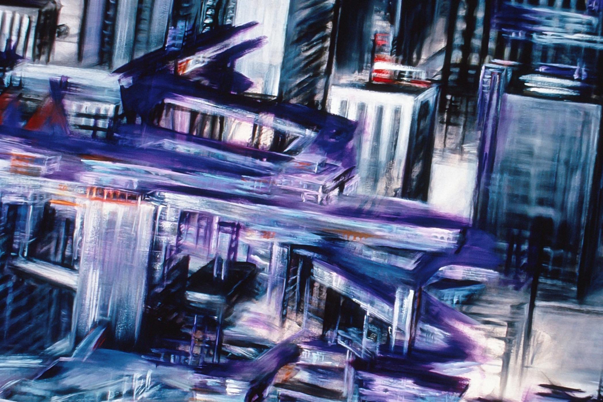 Detail of a painting by Eleanor Bond. Blue, purple, red, and white straight lines zigzag and overlap in a dark grey background. The image depicts an abstracted aerial view of a city filled with roads and skyscrapers. 
