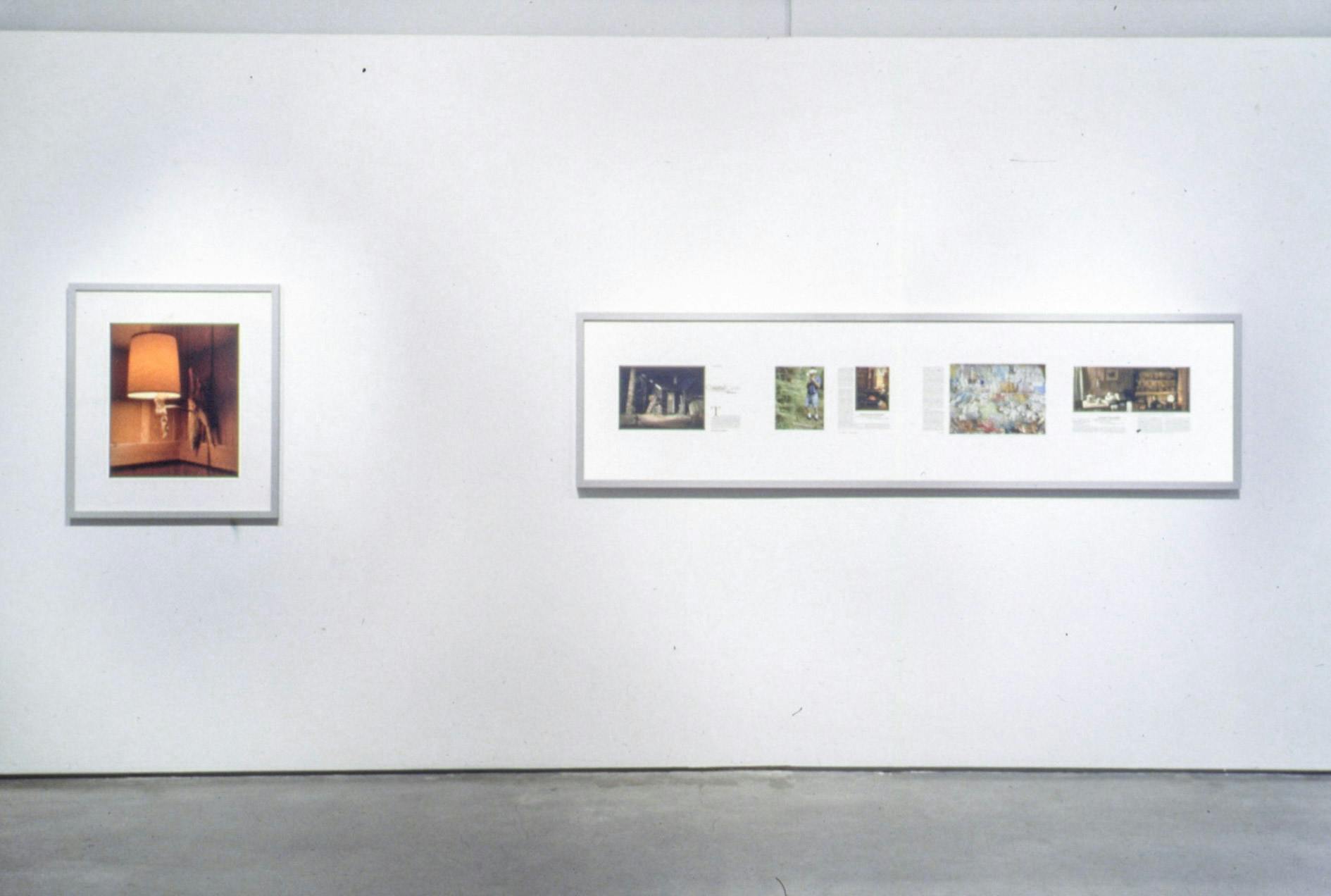 Two artworks are mounted on the gallery walls. The photograph on the left depicts a wall lamp. The photo collage on the right contains five various photographs taken at different locations.  