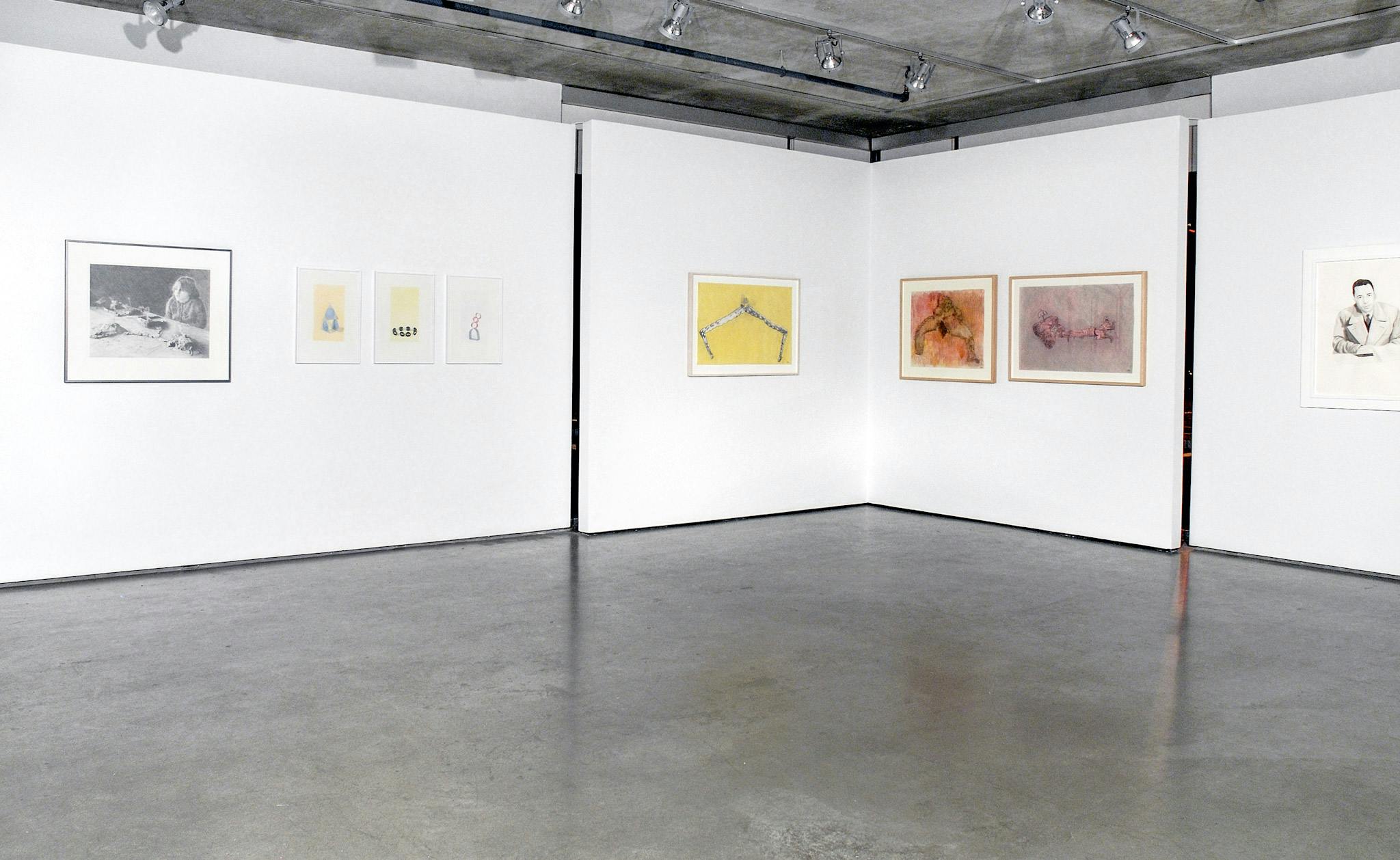 Three separation walls are placed inside a gallery. Various drawings are mounted on those walls. Three of those are figurative abstract paintings. There are two black and white human drawings. 
