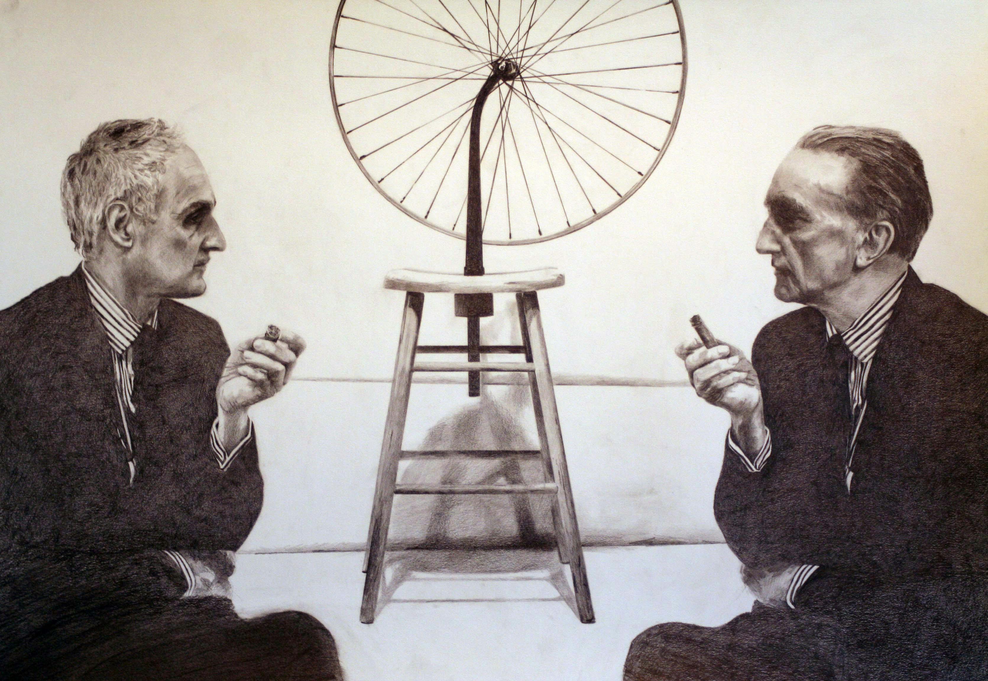 A black and white photograph of two people sitting face to face. They wear identical suit and hold cigarettes to mirror each other. Behind them, Marcel Duchamp’s sculpture titled Bicycle Wheel sits on the floor.