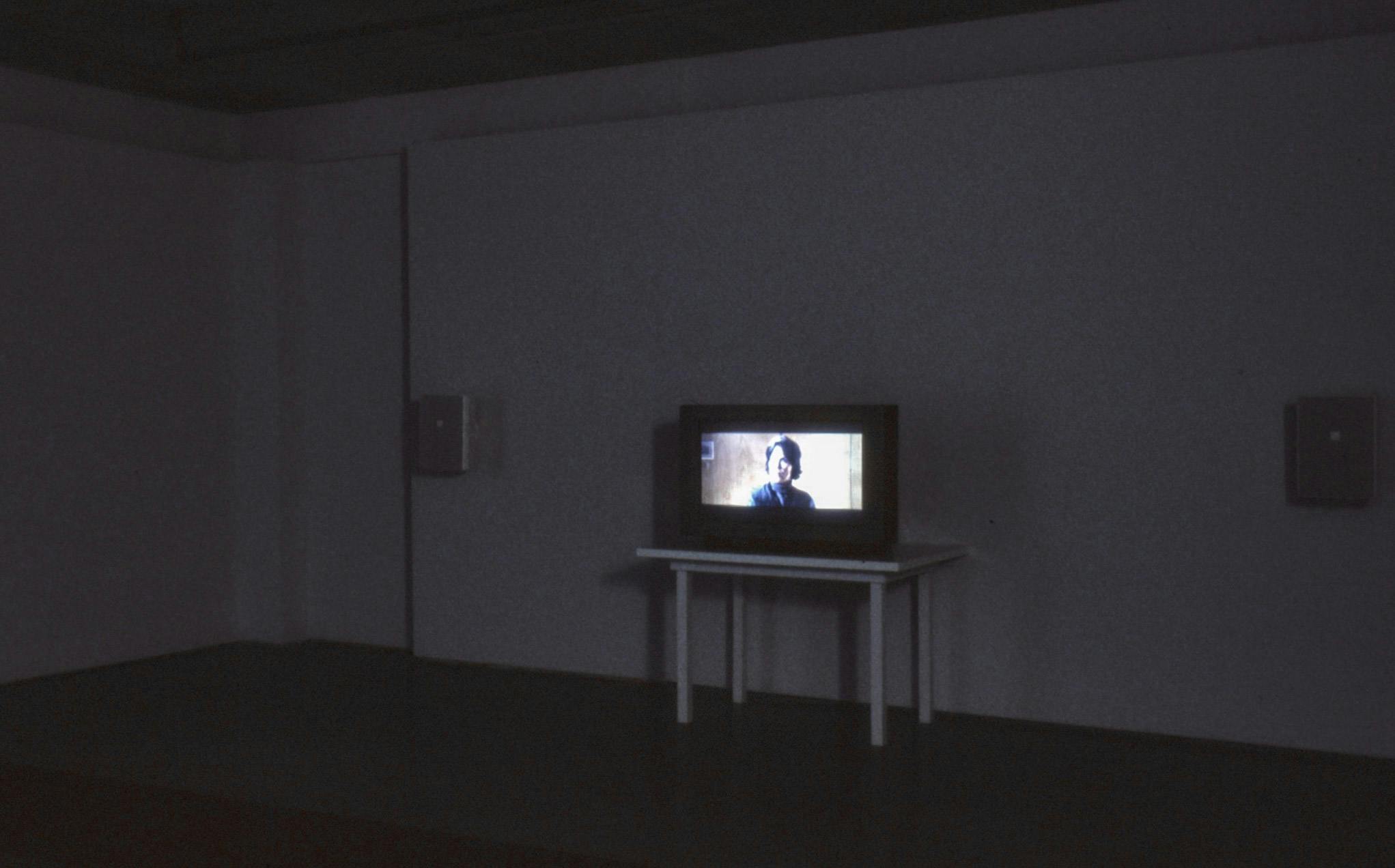 A CTR TV is placed on a white table in a darkened gallery space. A single-channel video is played on the TV. The video shows the head of a person talking directly to the camera. 