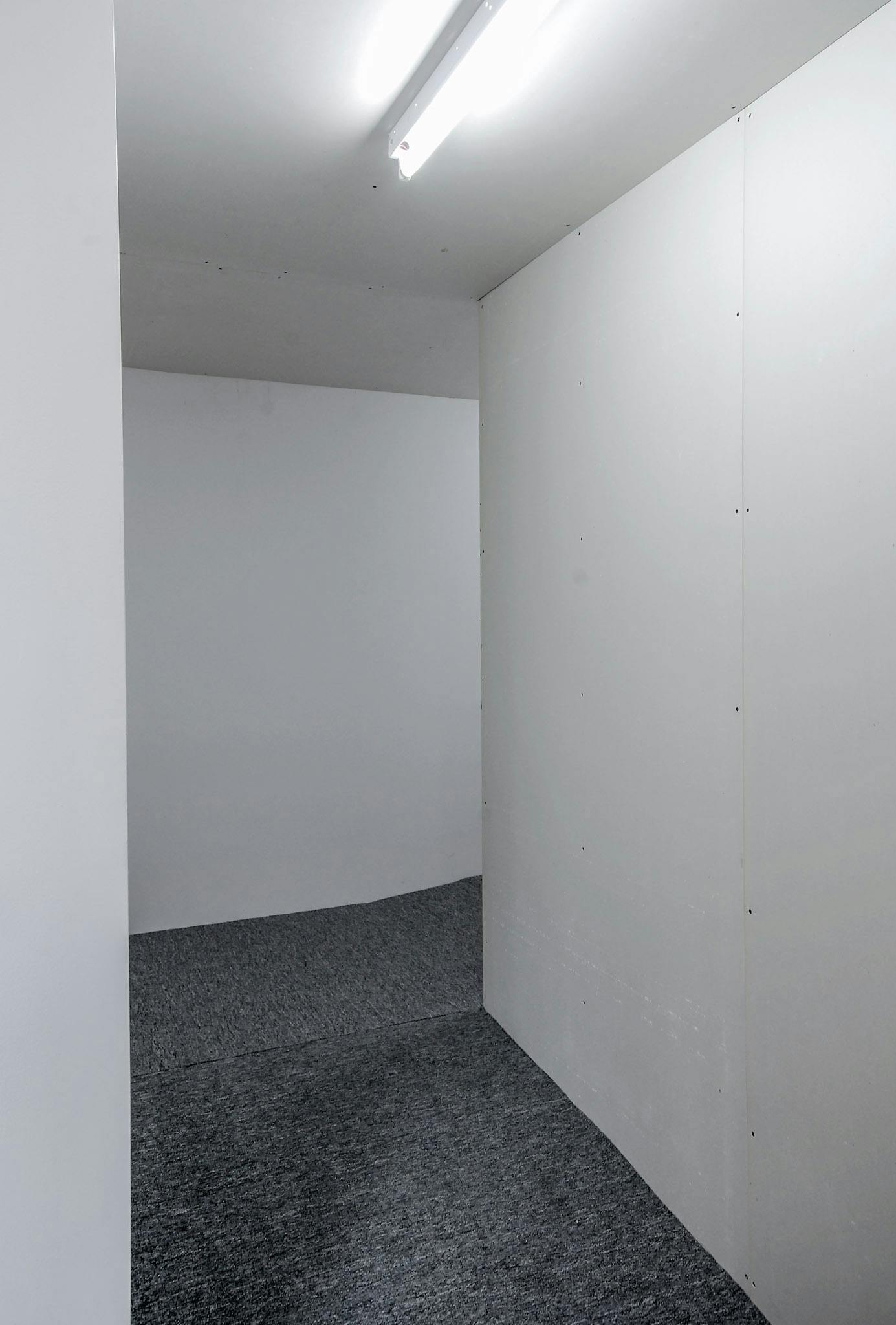 This is an installation shot of Samuel Roy Bois’ installation. Black carpet tiles cover the entire floor of a narrow hallway, which was made inside the gallery with white separation walls. 
