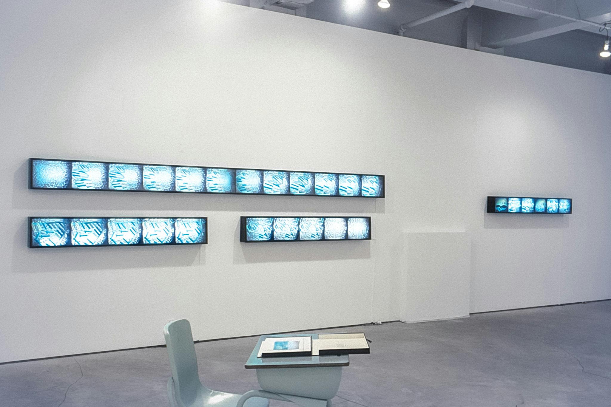 Three long strips of video stills mounted on lightboxes on a wall. The stills are blue and white and show stages of DNA duplication. In the foreground, there is a school desk with more stills in it. 