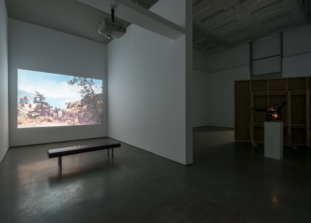A single-channel video is projected on a gallery wall. The video depicts a hilly, rocky landscape dotted with evergreen trees surrounding a blue lake. 