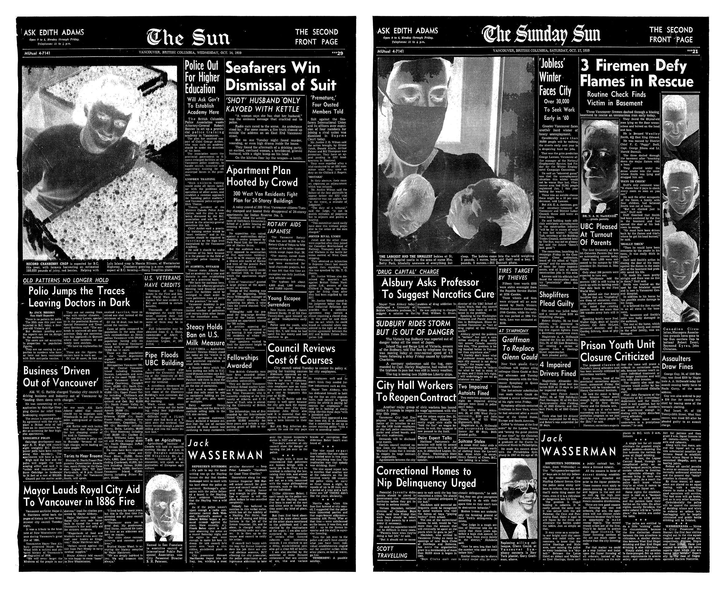 A black and white image of two newspaper pages side by side. The image has been inverted so that the papers appear black with white text, and the images appear ghostly. 