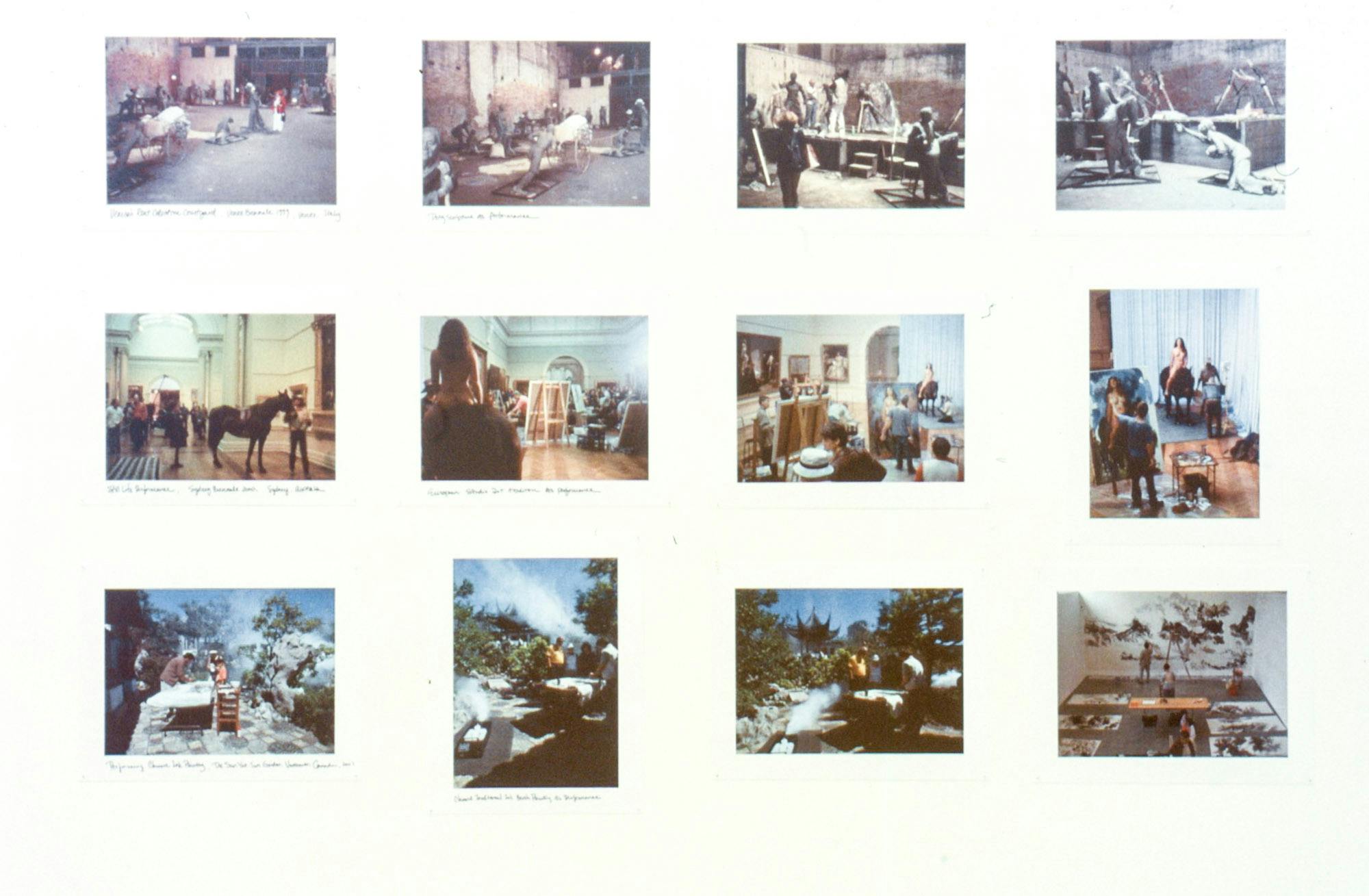 Twelve coloured photographs are assembled on a sheet of white paper. They record different art practices that took place at different locations and times. Some photos were taken outside.