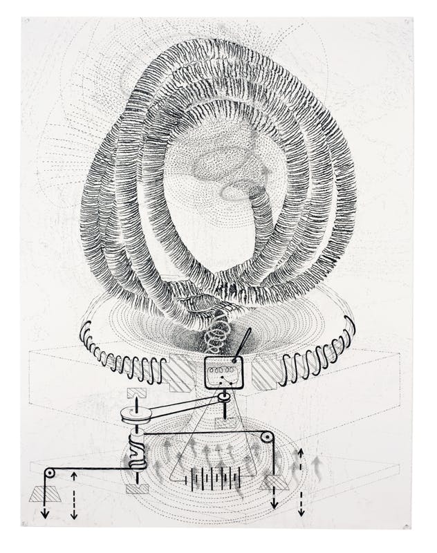 A graphite drawing depicting an imaginary machine with a black tube-like shape attached on top of a box. 