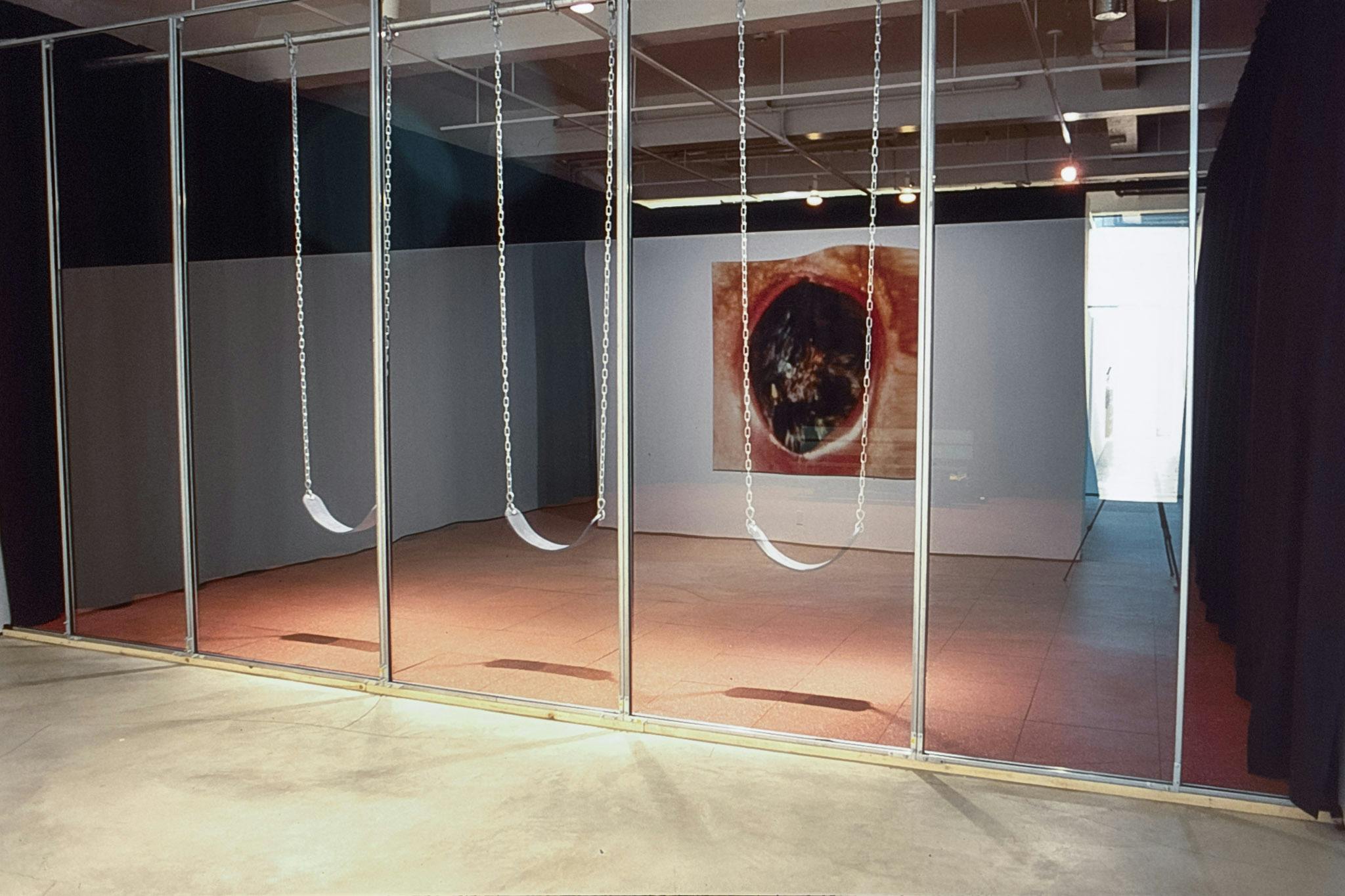 Three swings are installed right next to the glass wall in the gallery. On the white wall over the swings, a large photograph of the emerging baby's head during the birthing process is installed. 