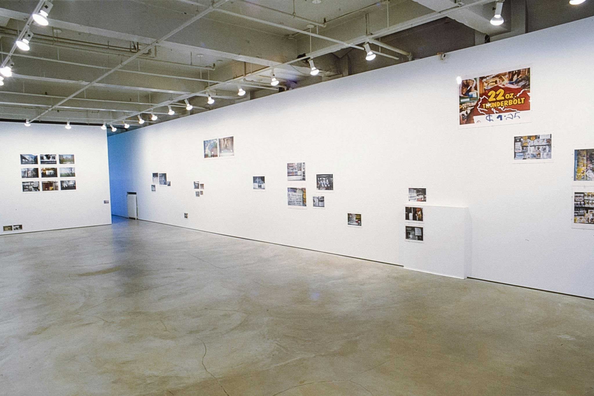 Various coloured photographs of various sizes are displayed on white gallery walls. The large-sized photograph at the top includes “22oz. THUNDERBOLT” printed in yellow over the images.