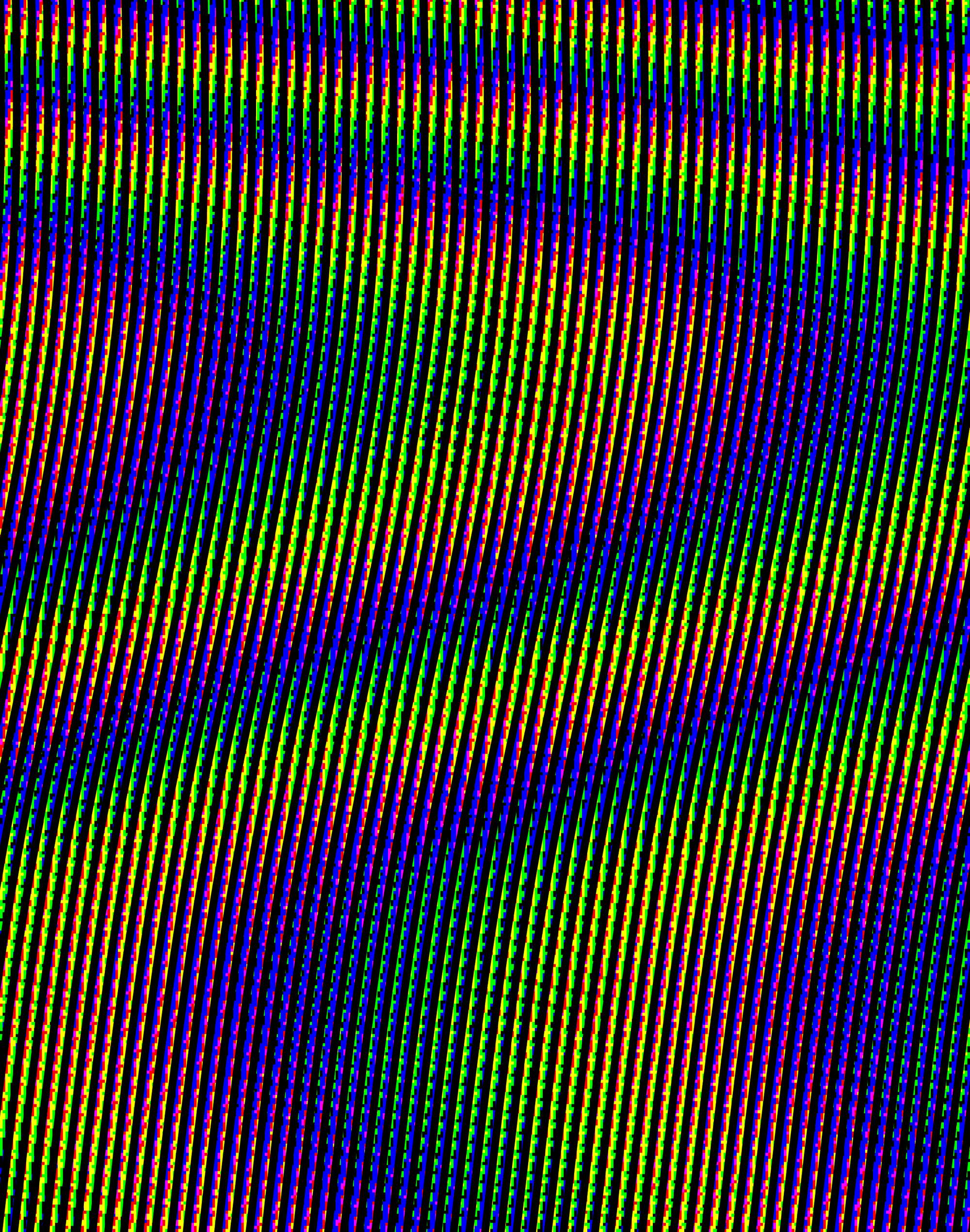 Vertical, curved black lines of pixels atop a pixelated, coloured background form a rainbow coloured Moiré pattern of undulating waves.