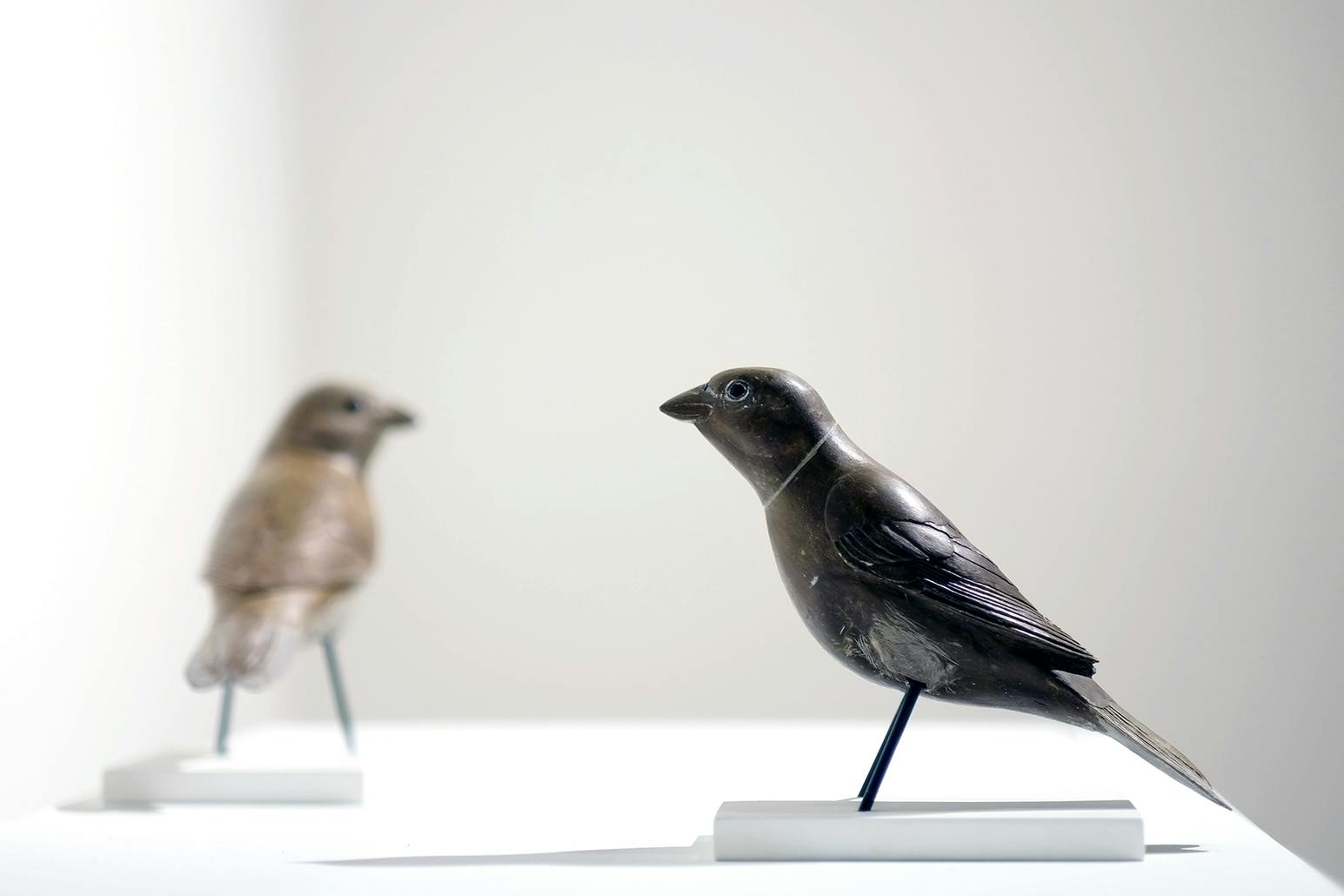 Two small scale metal birds sit on top of a plinth. The bird in the foreground is dark brown and in clear focus, the one in the background a lighter shade of brown and blurred.