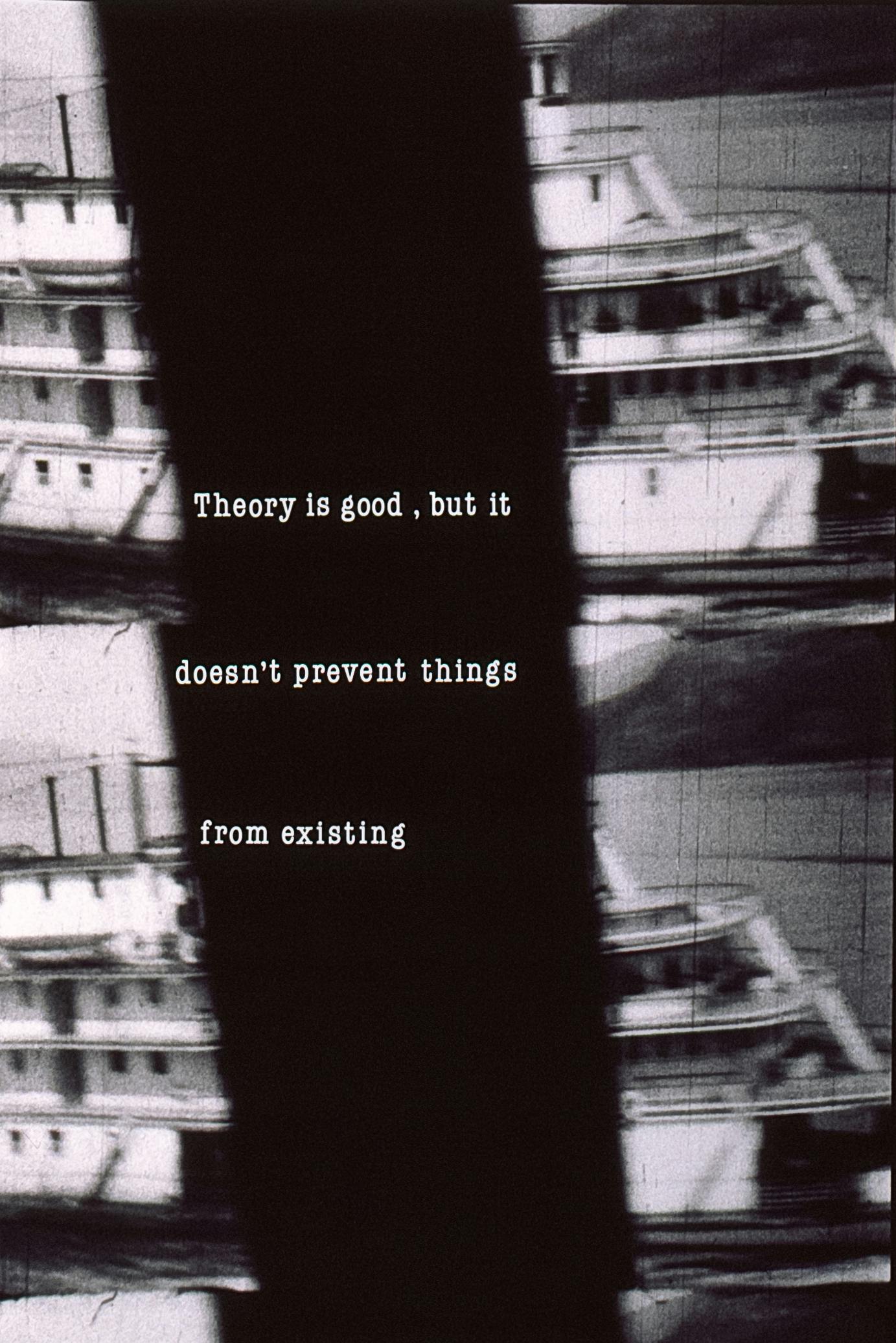 Two stacked black and white images of blurred boats. Intersecting the middle of the image is a swath of black and white text that reads “Theory is good, but it doesn’t prevent things from happening.” 