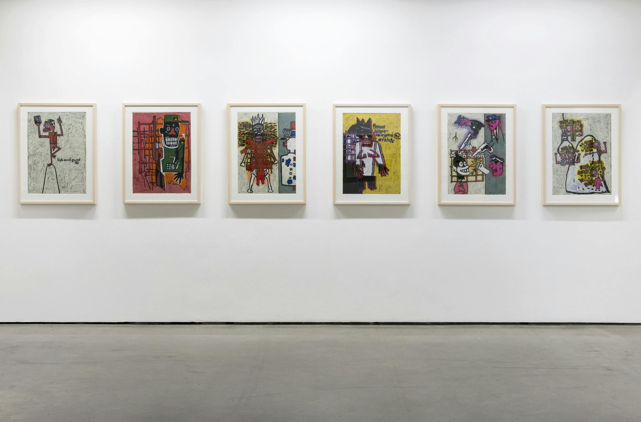 Six framed works on paper hang in a horizontal line on the wall of a gallery space. Each illustration has abstract figures depicting various violent scenes. 