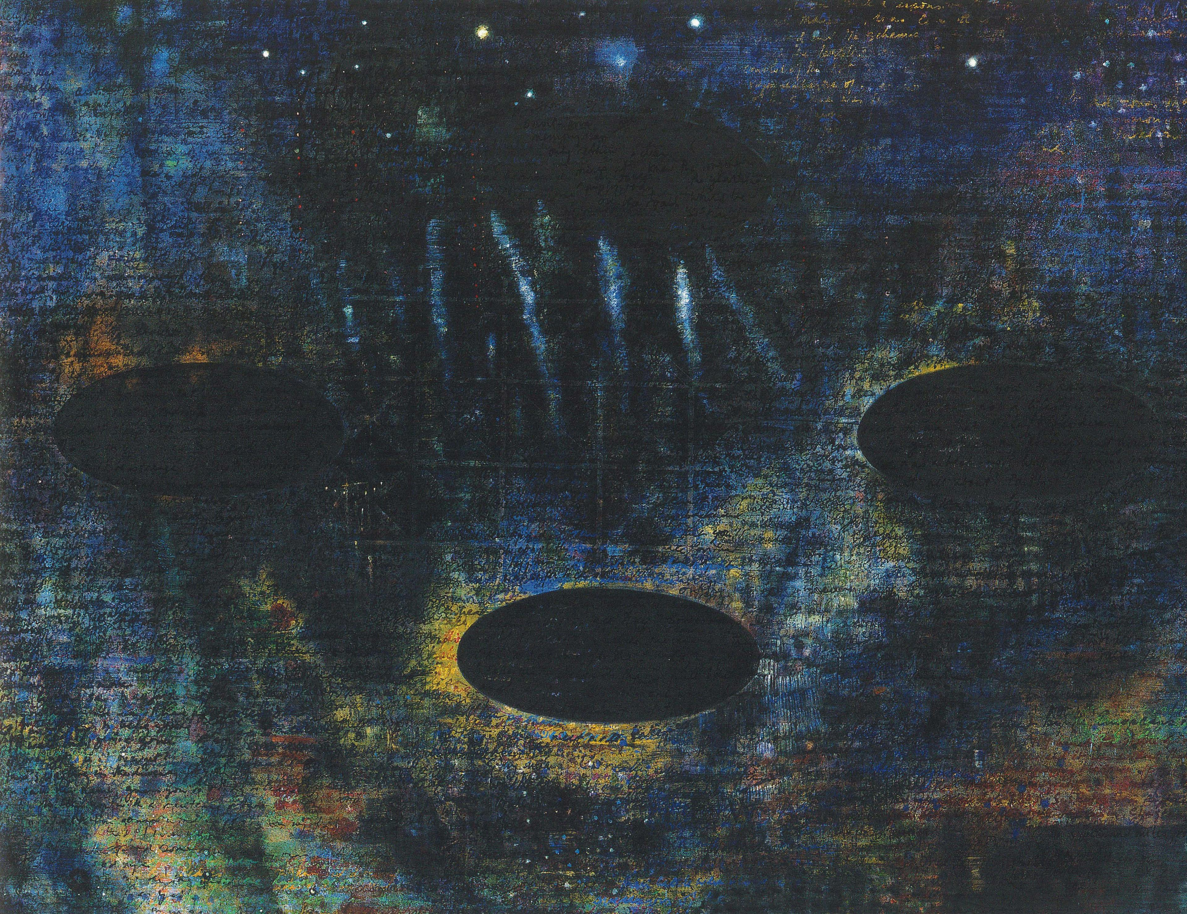 This is a detailed view of Landon Mackenzie’s painting. Three black holes are drawn below the dark blue night sky.