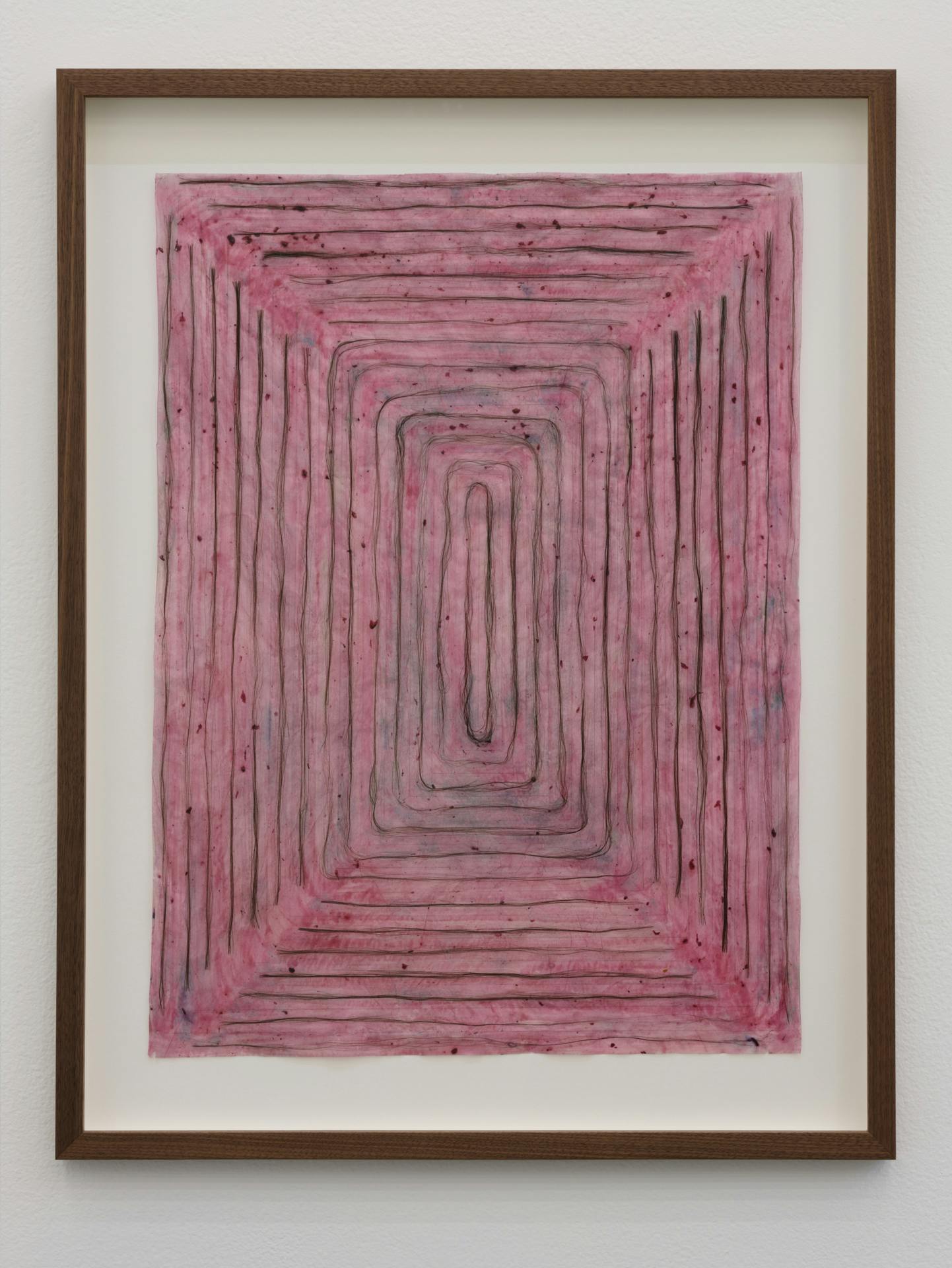 A framed collage with a pink background and drawn lines concentrically repeating edges of the collage into the centre of the image.