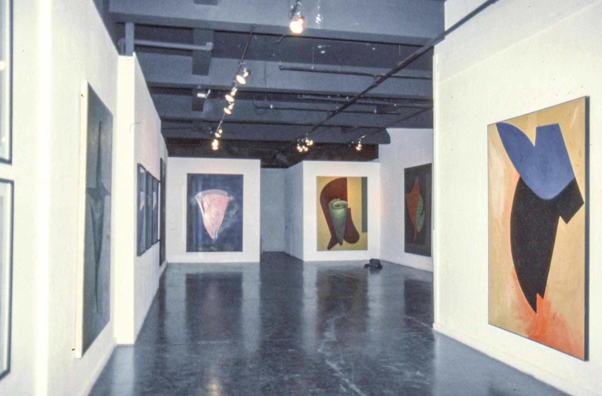 Several paintings and drawings on the walls of a gallery. The paintings are all quite large and colourful, and the drawings are smaller and black. All the works are of abstract forms.