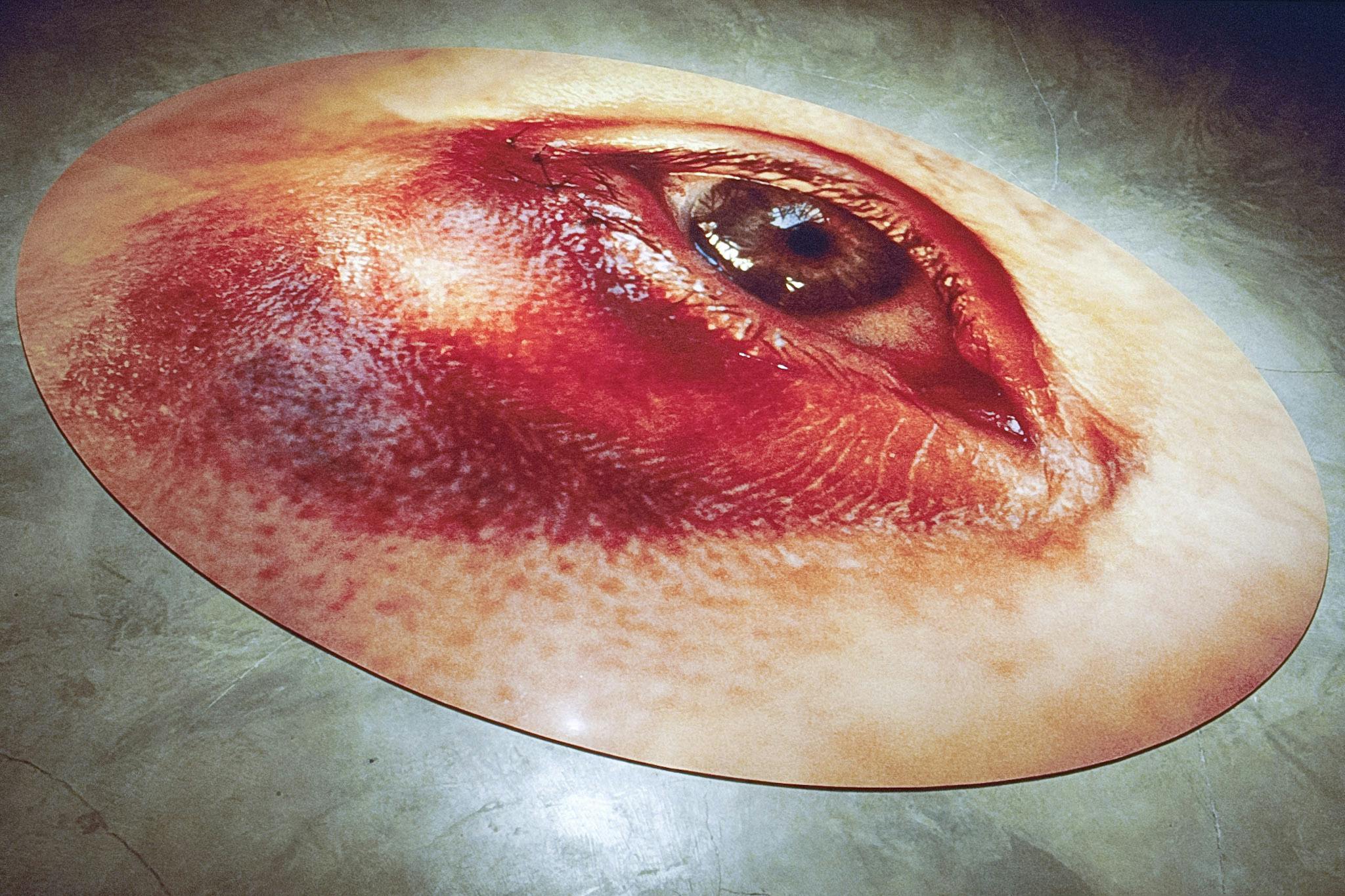 This is a close-up view of a photograph placed on the gallery floor. This circular-shaped photograph shows a brown eye with a red blue circle beneath it.  