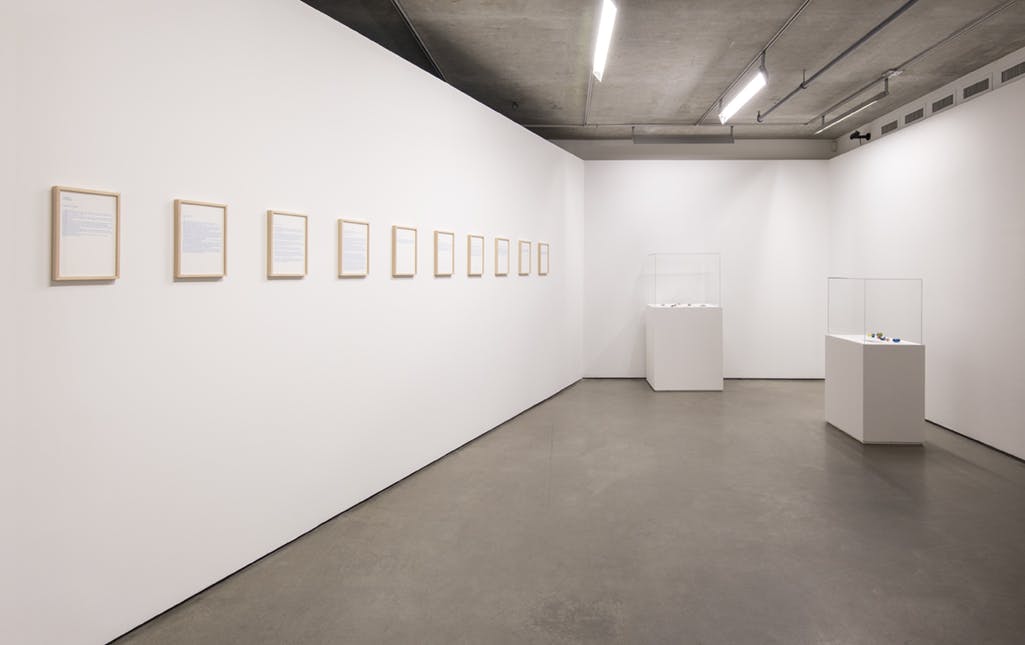 Multiple artworks installed in a gallery space. Ten framed documents, typed in blue on white sheets of paper, are mounted on a gallery wall. Small objects are displayed in two vitrines.