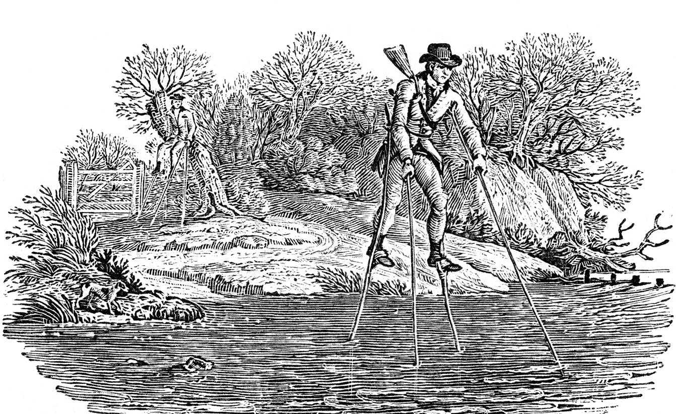 A black and white wood-block print depicting a person on wooden stilts walking across the water. In the background another person climbs on a tree. 