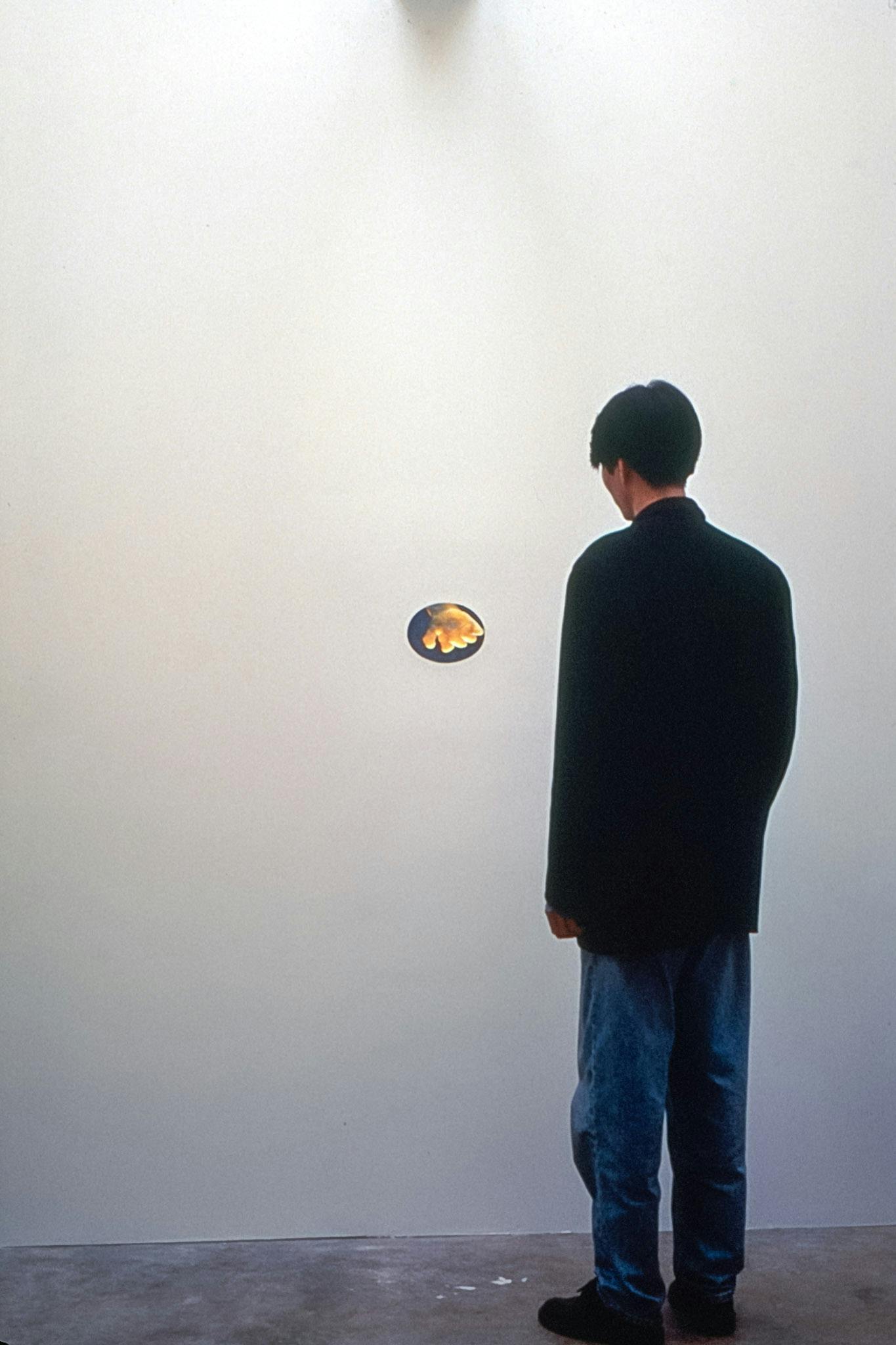 A man is looking at the artwork mounted on the gallery wall. The piece is flat and shaped in a small black oval resembling a hole. A photographed human hand is depicted in the middle of this hole.  