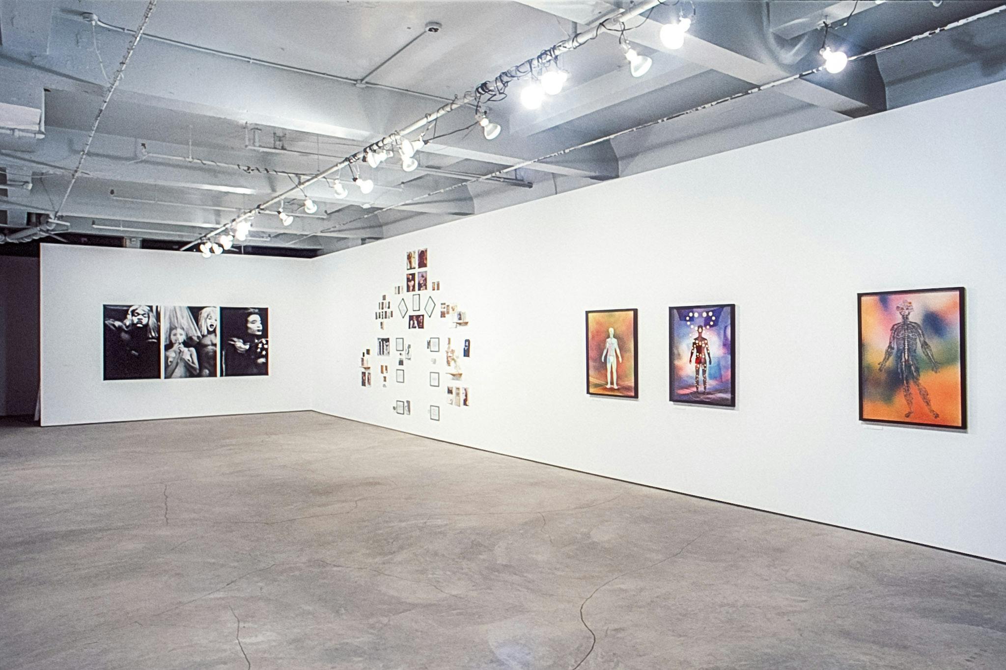 The corner of a gallery. One wall has 3 large black and white photos of people in drag, the other has a large composition of many small images, and 3 colourful framed images of nude, muscular people.