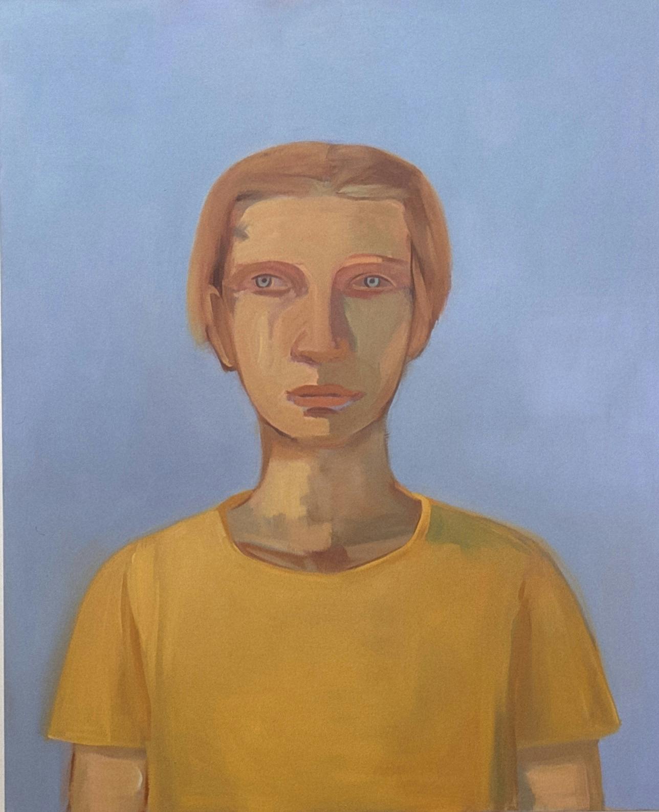 A painted portrait on canvas depicting a person wearing a yellow T-shirt on a light blue background. 