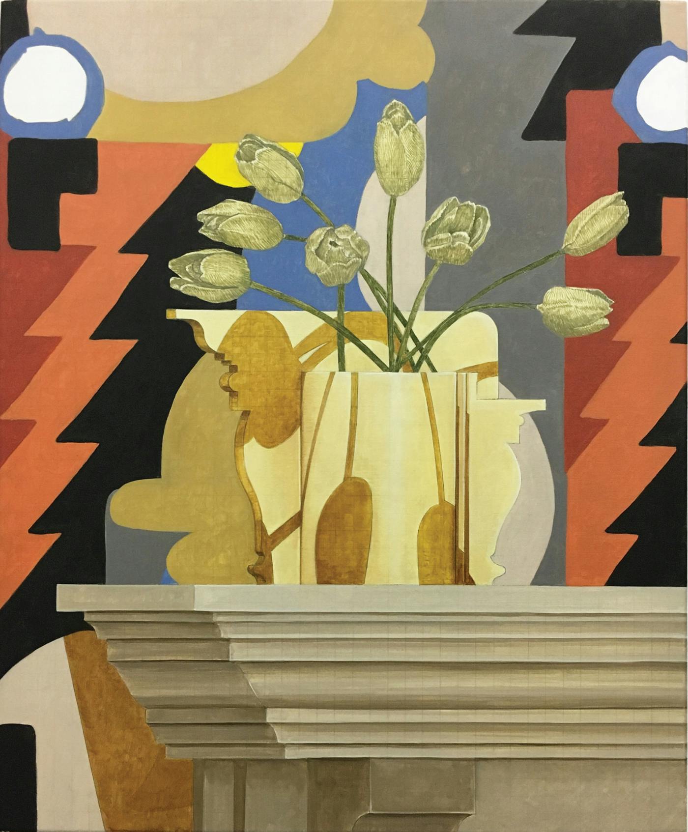 A detail of Alex Morrison’s painting. Eight white tulips in vase foreground abstract images. 