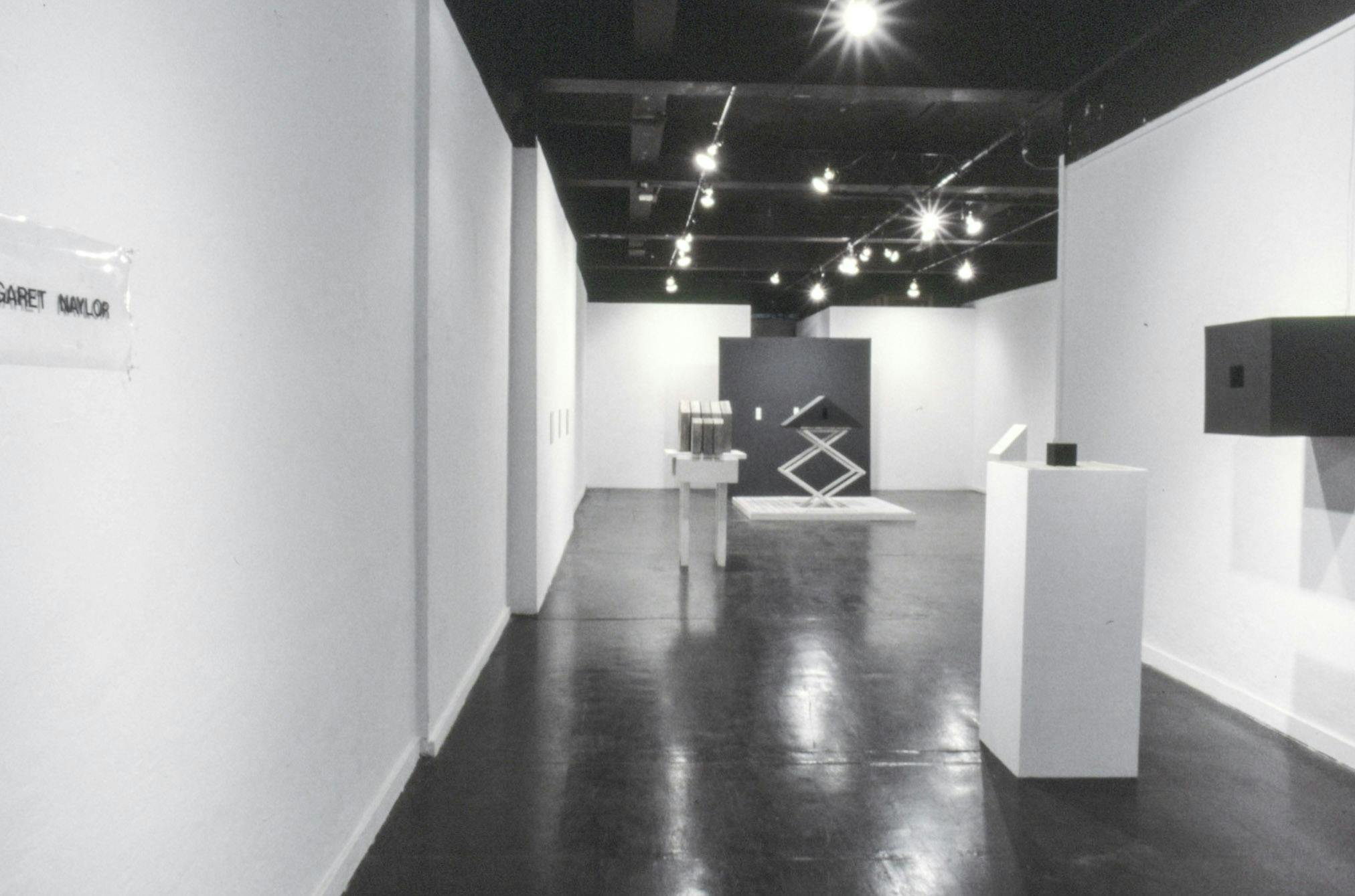 Several artworks in a gallery space. Most of the works are black sculptures on white surfaces. At the entrance, a partial view of a clear plastic sheets with black letters reading "Margaret Naylor." 