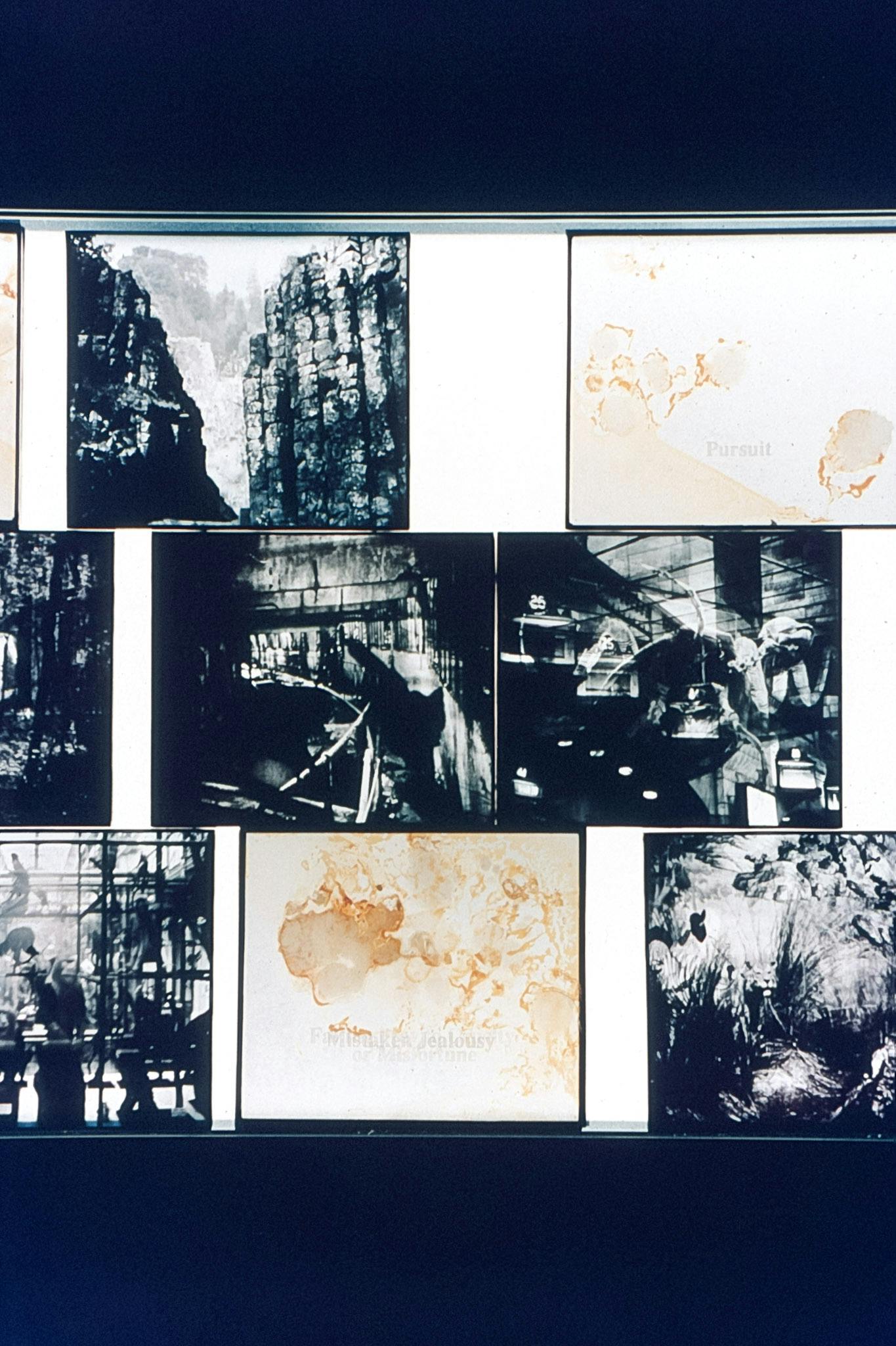 Several photo-transparencies against a glowing white background. The images in them are of cliffs and buildings, as well as yellow stains and layered text. One of the slides with text reads "Pursuit." 