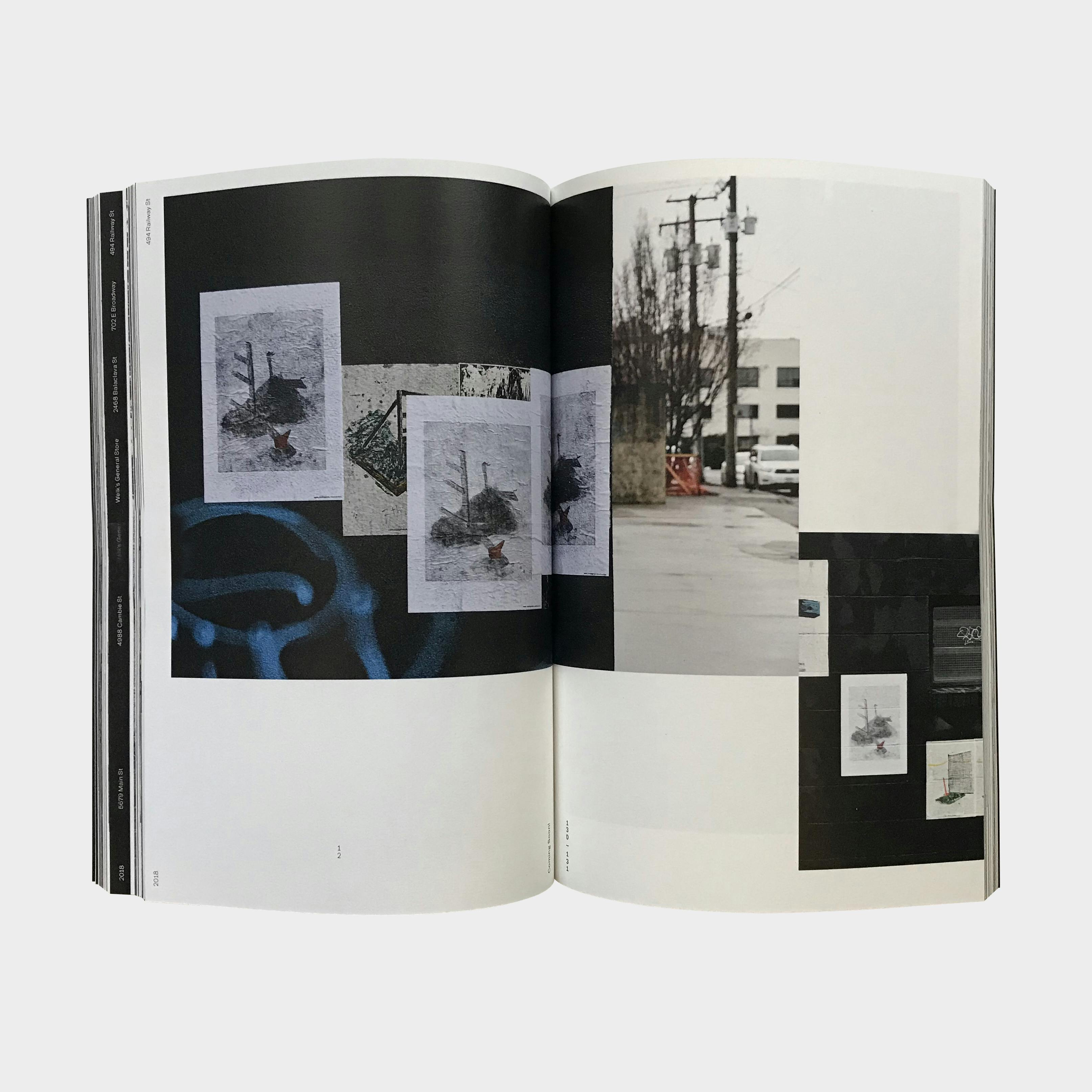 An image of an open page inside Diyan Achjadi's book, titled Coming Soon! Two photographs recording Achjadi's poster projects in the city are printed on the pages. 
