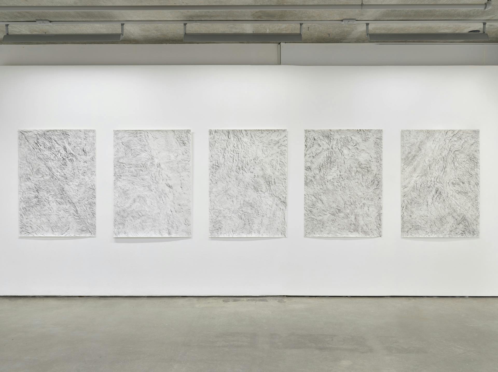A frontal photo of five graphite rubbings on rectangular sheets of paper arranged in a row on a white wall.