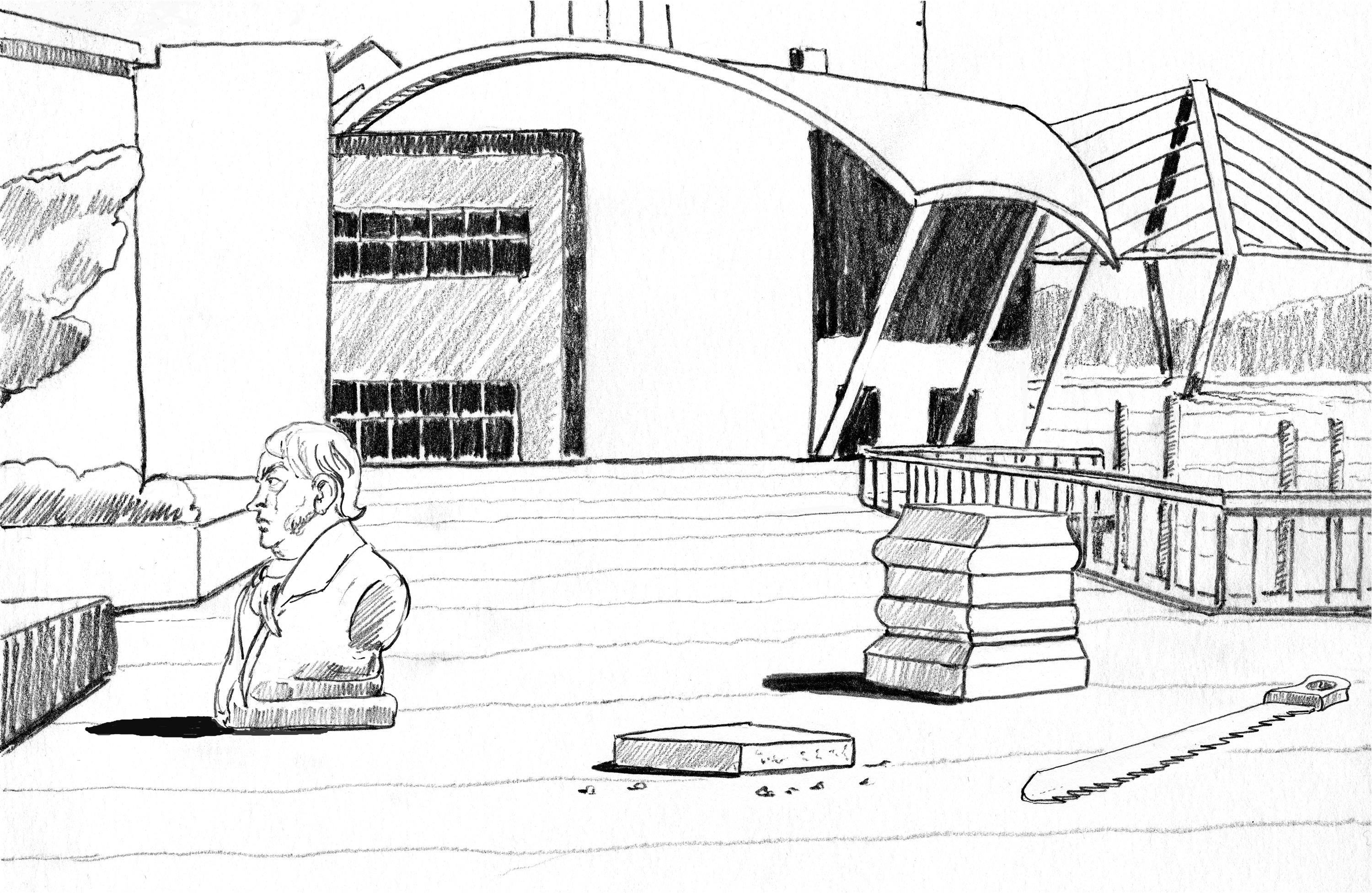 A black and white illustration of a Simon Fraser monument on a wharf. The statue’s bust has been removed from its plinth and sits on the ground next to a rock slab and saw.