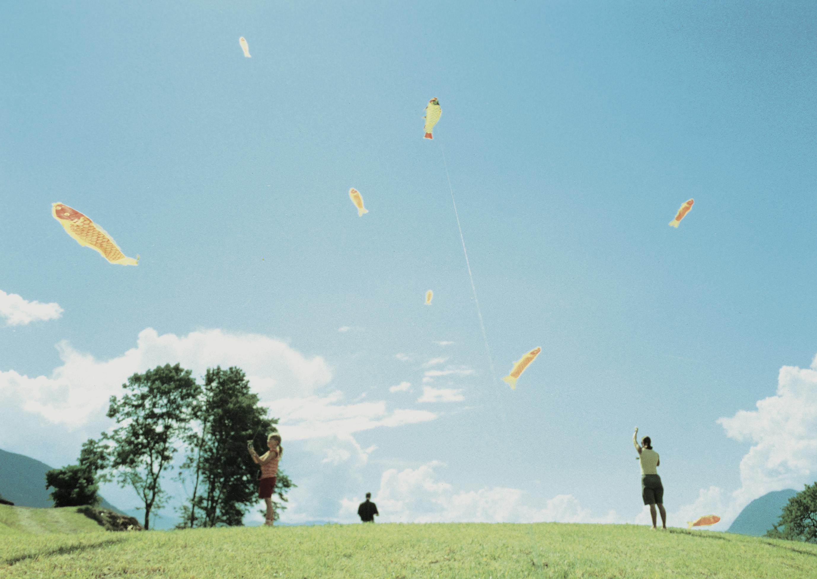 An image of people standing on a grassy landscape flying orange fish-shaped kites on a sunny date. The sky is bright blue, taking up most of the image. 