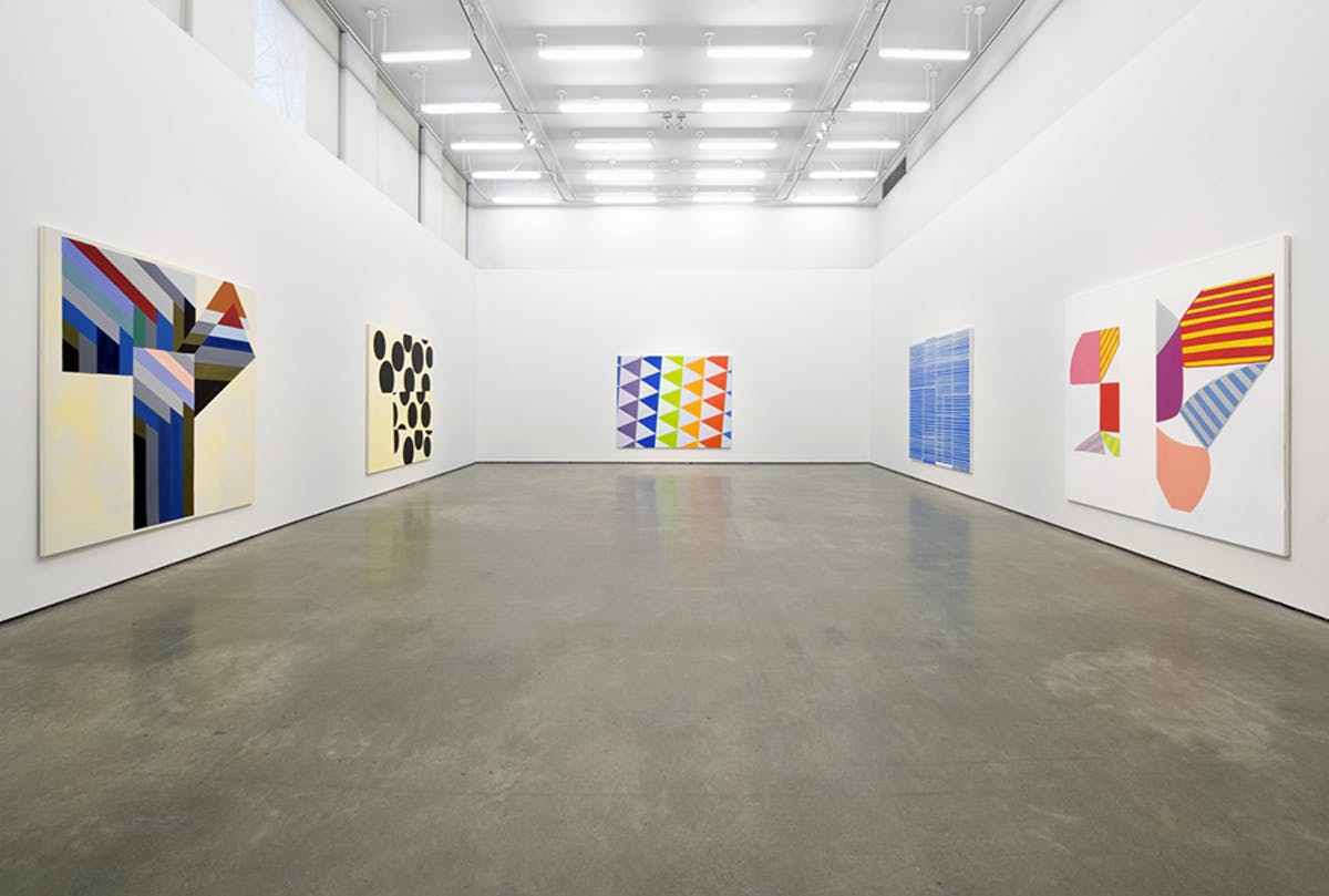 Installation image of Elizabeth McIntosh's exhibition. Five large-scale artworks mounted on three gallery walls. Two pairs of artwork hang on parallel walls while a single painting hangs on the back wall.