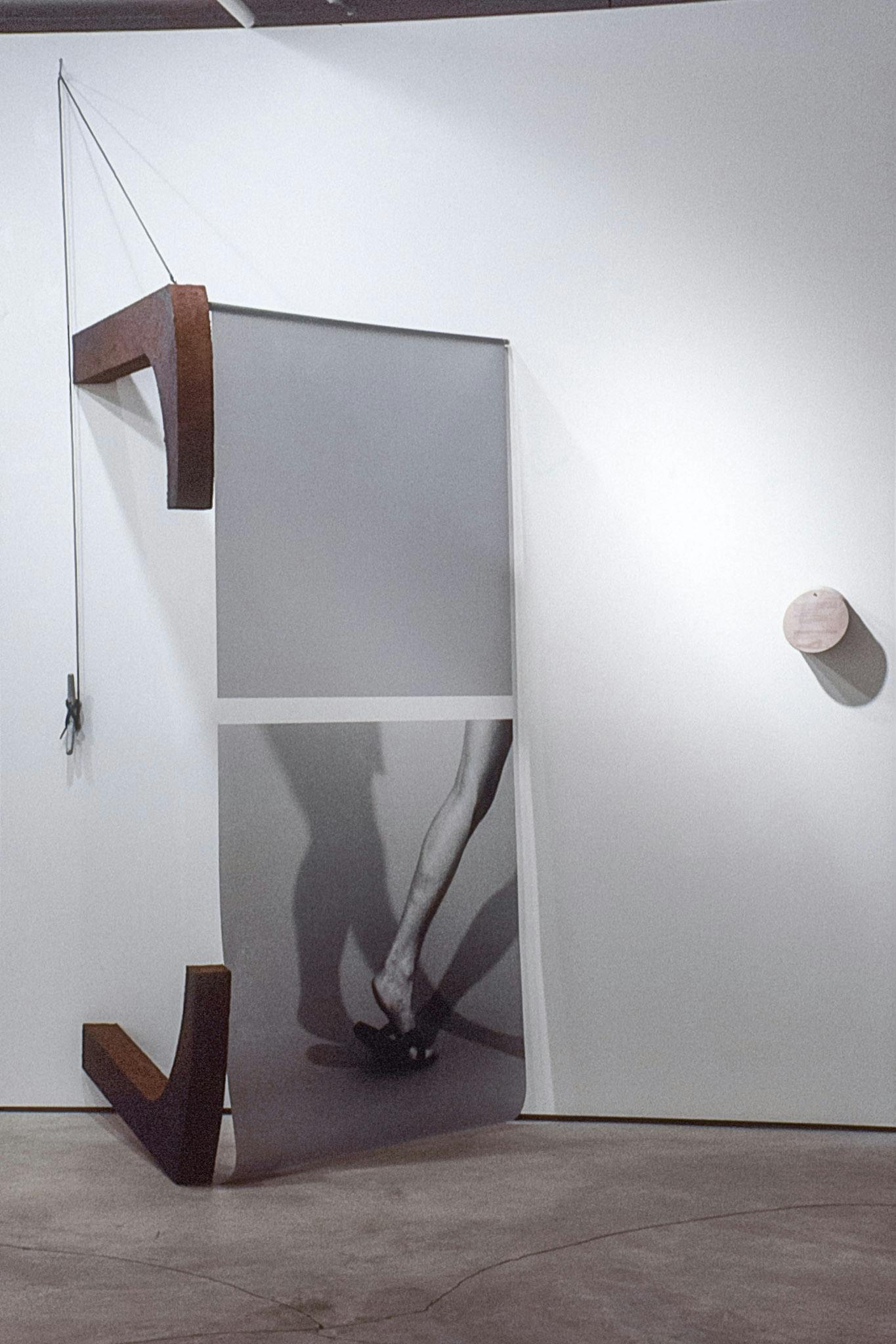 Two artworks mounted on a wall. One consists of two wooden pieces which suspend a large photo printed on mylar. A small stack of round, pink sheets hangs from a small metal rod in the wall.